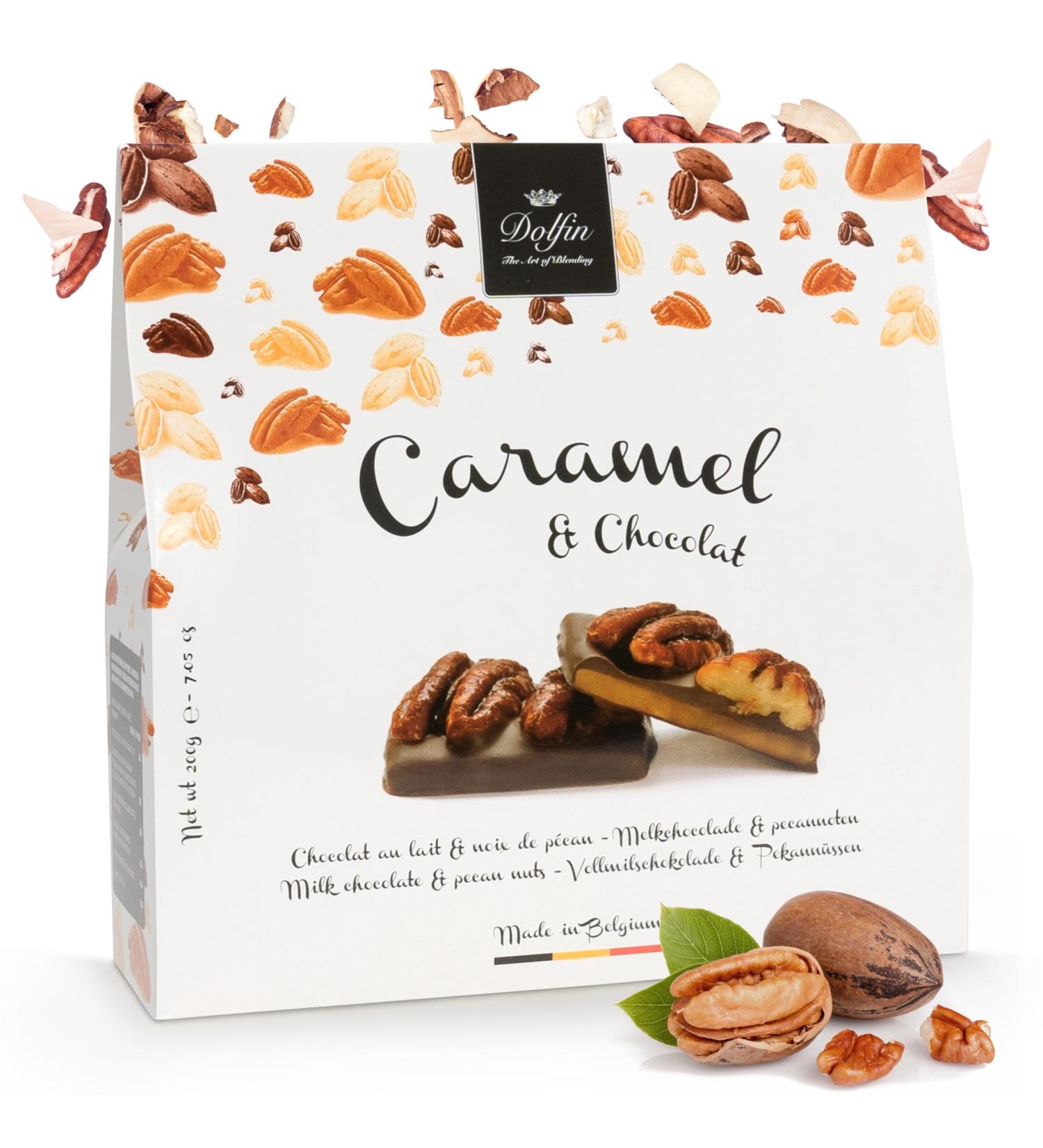 Dolfin Caramels & Chocolats Chocolat au Lait & Noix de P can - Caramel au Beurre Sal Maison Noix Caram lis es- Id e Cadeau Confiseries Friandises Bonbons - Fait en Belgique 200g - Buy Online on GoSupps.com