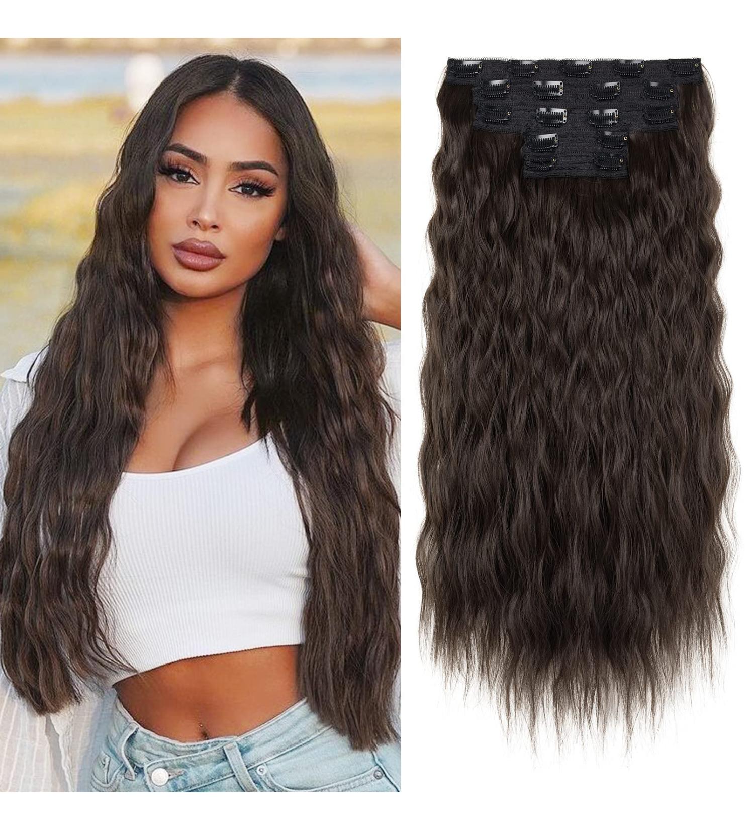 REECHO Clip in Hair Extensions 5PCS Black Brown 24 Thick Long Loose Waves - HE002 Invisible Lace Weft Natural Soft Hairpieces for Women - Buy Online on GoSupps.com