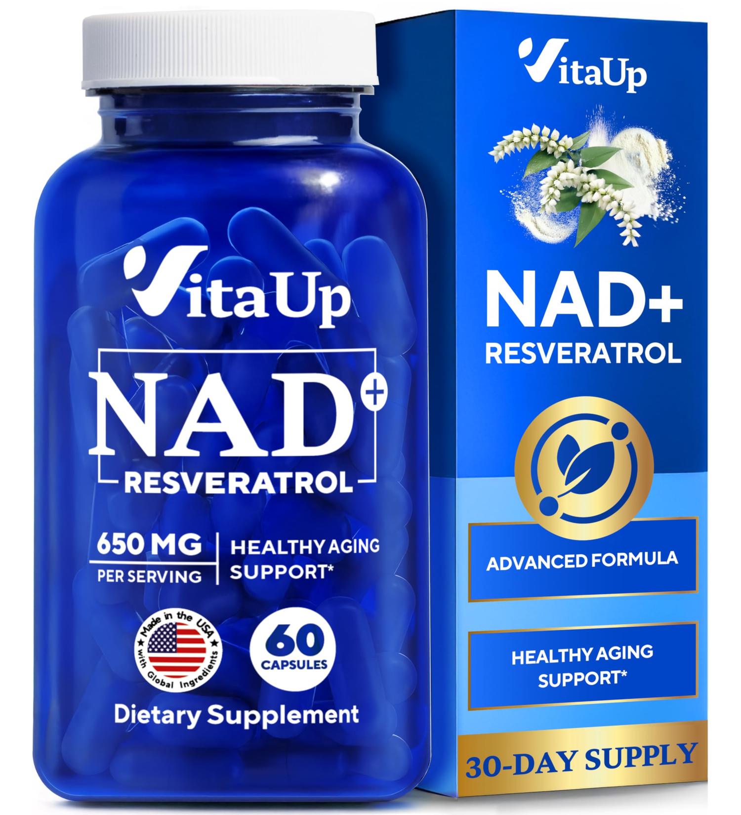 VitaUp NAD+ Resveratrol Supplement - USA Made Trans Resveratrol NAD Supplement 650mg - Nicotinamide Adenine Dinucleotide Capsules for Healthy Aging Energy & Focus Support - 60 Count - Buy Online on GoSupps.com