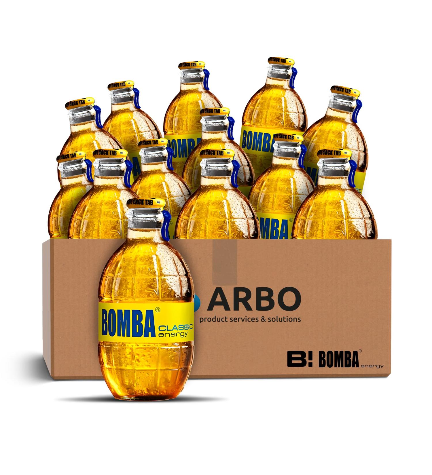 Bomba energy drink classic 12 x 250 ml refreshing drink in stylish glass bottle in 12pack ArBoLiving sticker - Buy Online on GoSupps.com
