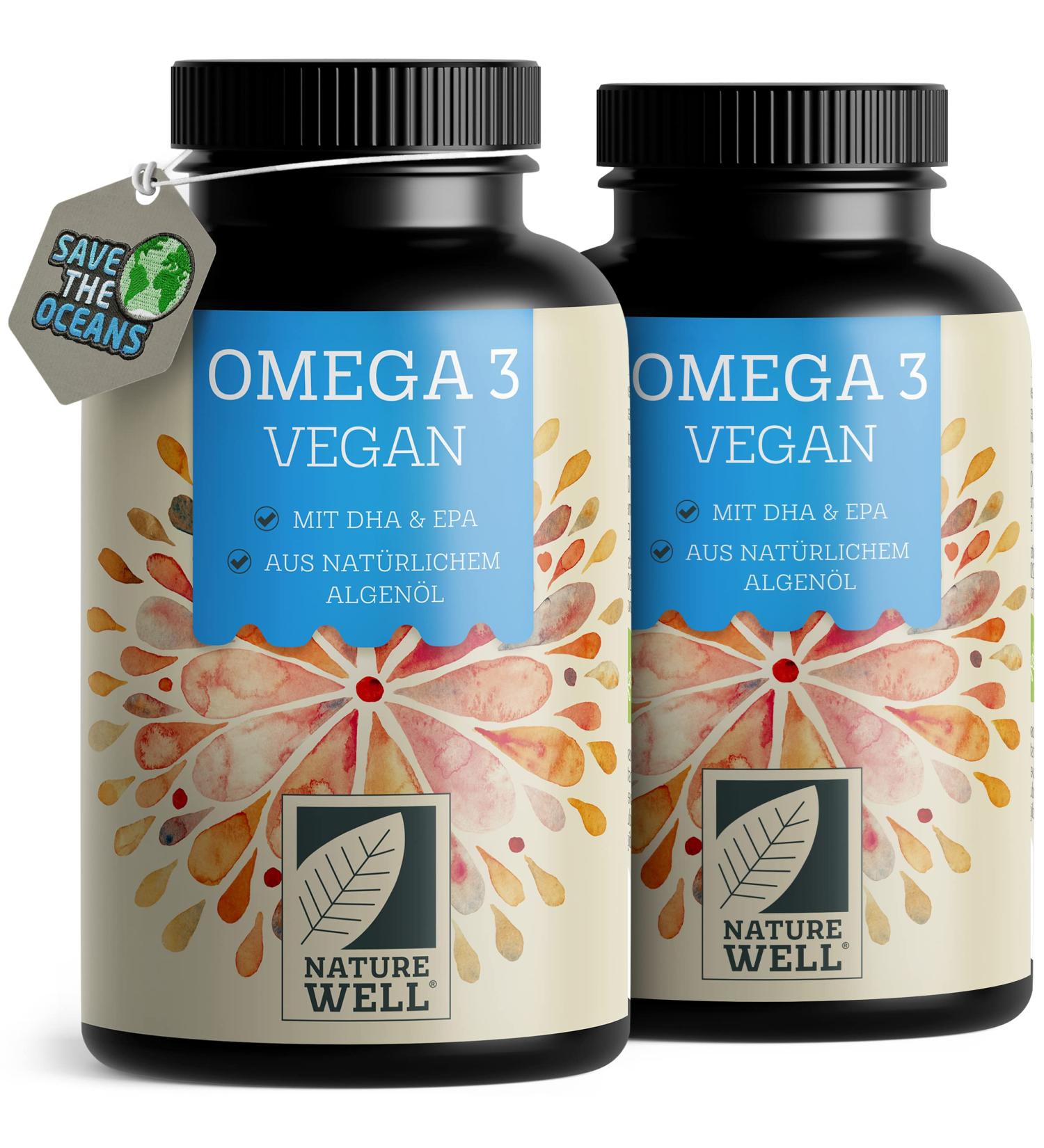 Omega-3 Vegan Capsules 180ct | High Dose 2000mg Algae Oil - 600mg DHA & 300mg EPA | Sustainable Fish Oil Alternative | NatureWell 2-Pack - Buy Online on GoSupps.com