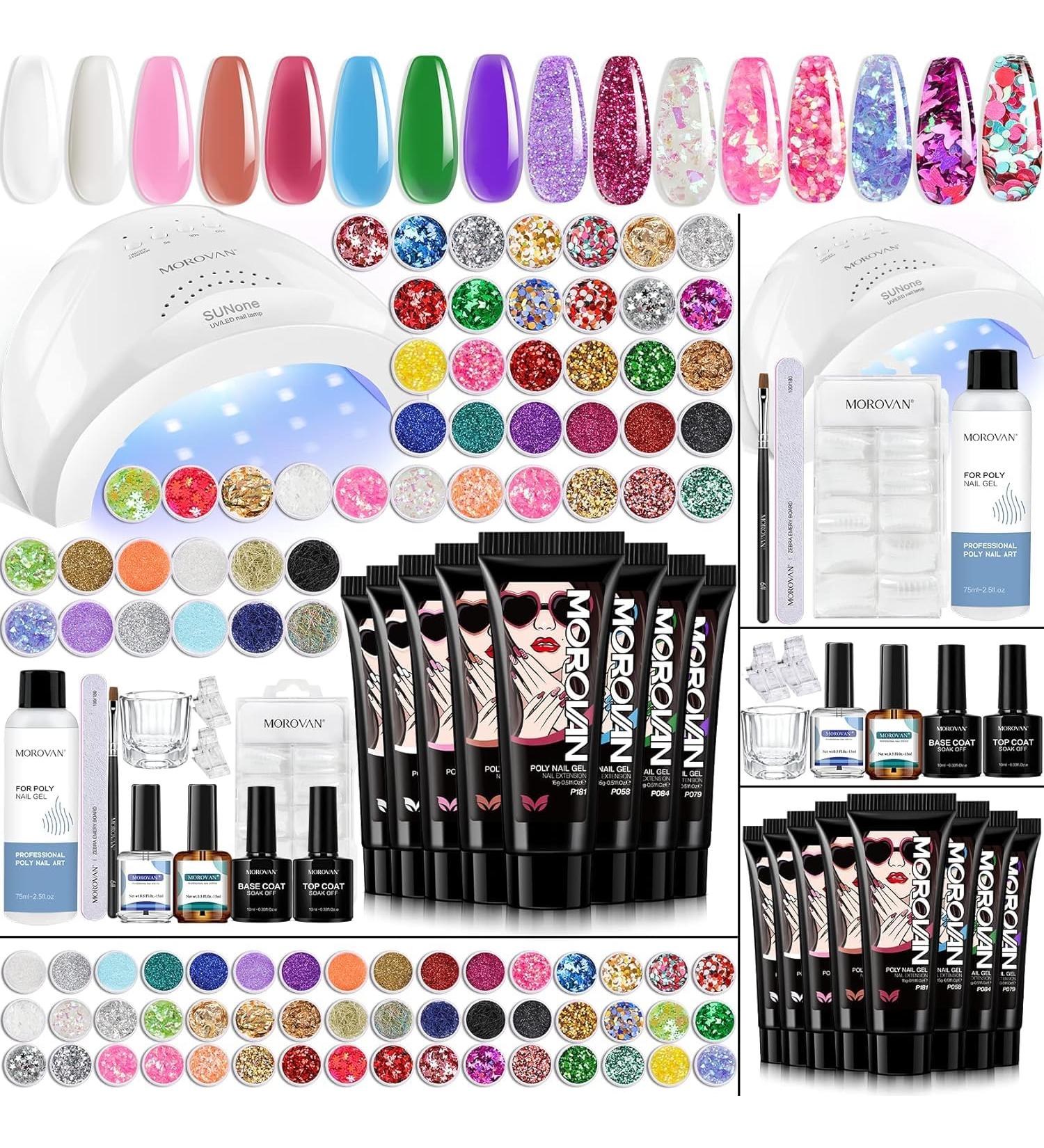 Morovan Poly Gel Starter Set - 8 Colors Nail Kit with UV Lamp & 48 Glitter | DIY Nail Art - Buy Online on GoSupps.com