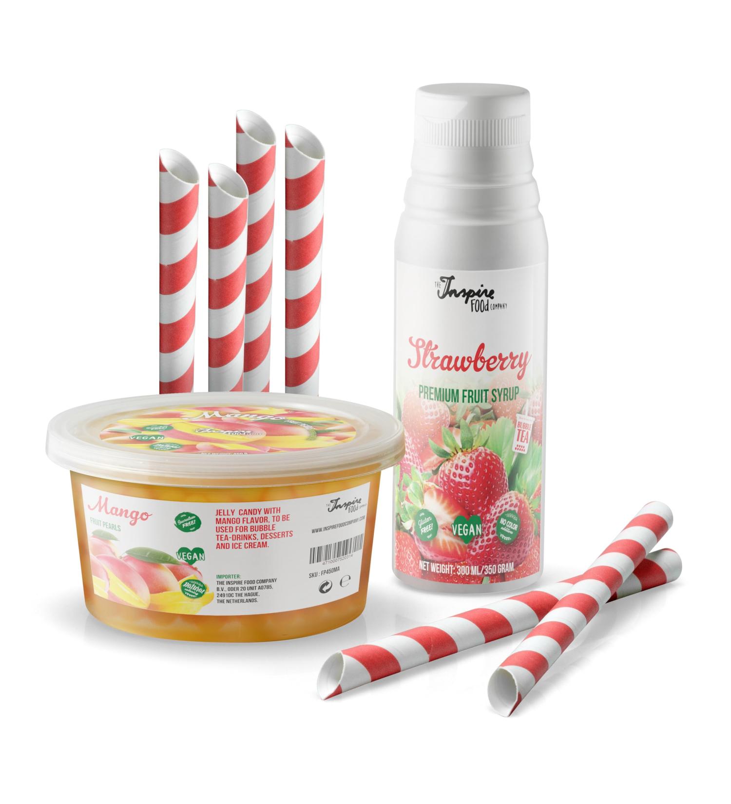 Inspire Bubble Tea Pearl Set - 450g Mango Popping Boba & 300ml Strawberry Syrup | 100% Vegetarian Gluten-Free No Artificial Dyes - Buy Online on GoSupps.com