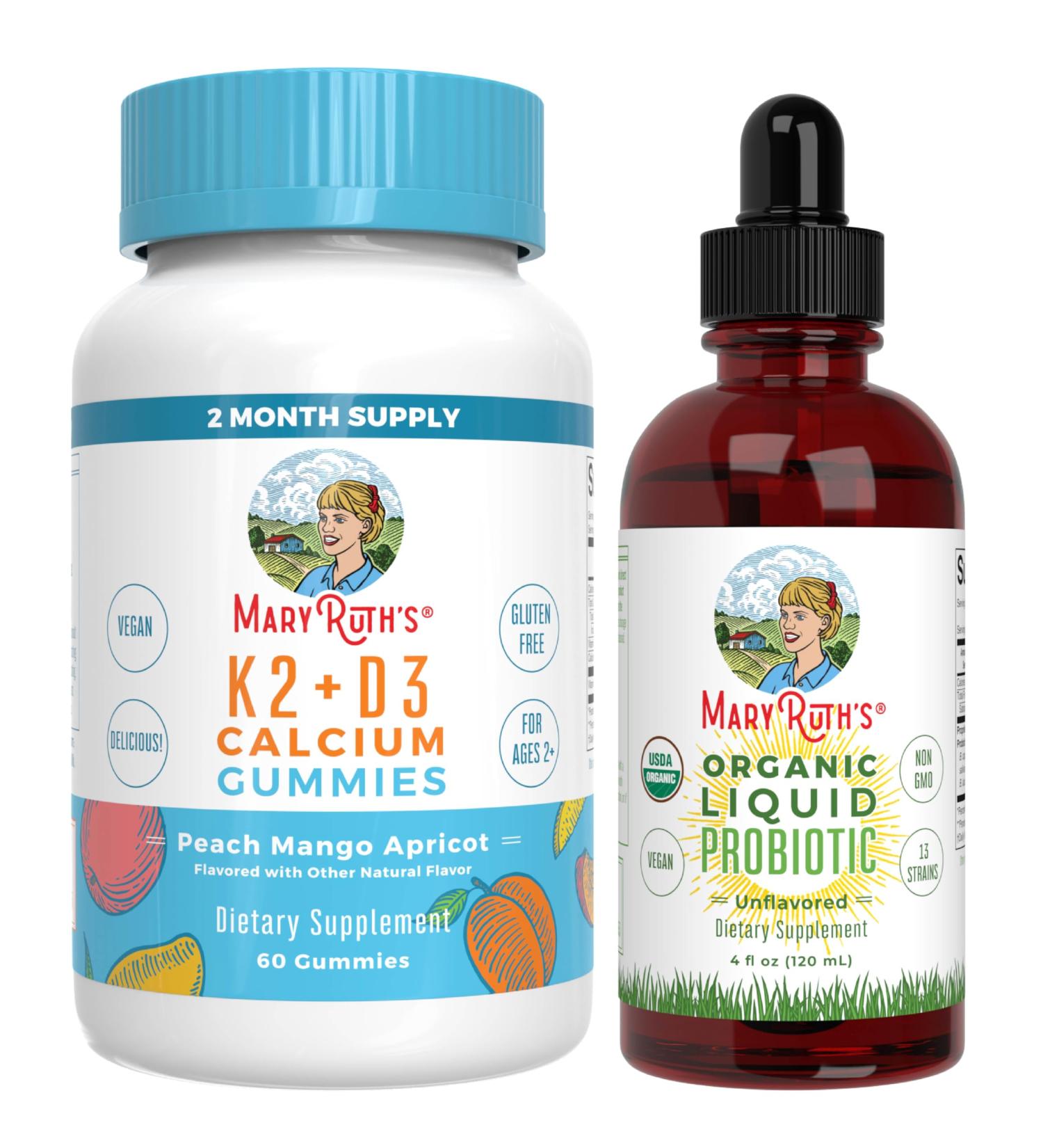 MaryRuth's Vitamin K2+D3 Gummies (Peach Mango & Apricot) & USDA Organic Probiotic Drops | Clean Label Project Verified | Vitamins for Joint Support & Overall Health | Vegan Non-GMO Gluten Free - Buy Online on GoSupps.com