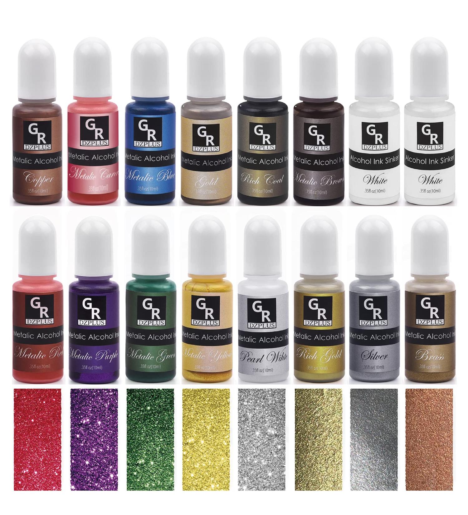 GR Metallic Alcohol Ink Set - 16 Vibrant Colors for Resin & Fluid Art | Alcohol Based Ink for Resin Craft & Petri Dish | Perfect for Yupo & Tumbler Painting - Buy Online on GoSupps.com
