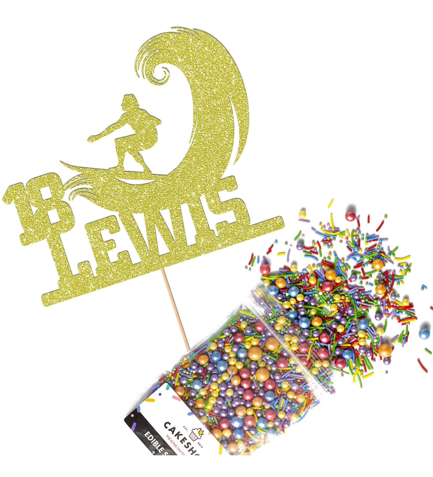 Cakeshop Cake Decoration Pack | Surfer Surfing Theme Premium Double Sided Glitter Card Cake Topper & 25g Party Pack of Cake Sugar Sprinkles | Custom Name & Age Cake Decorations (Champagne) Non-Prime Glitter Card: Champagne - Buy Online on GoSupps.com