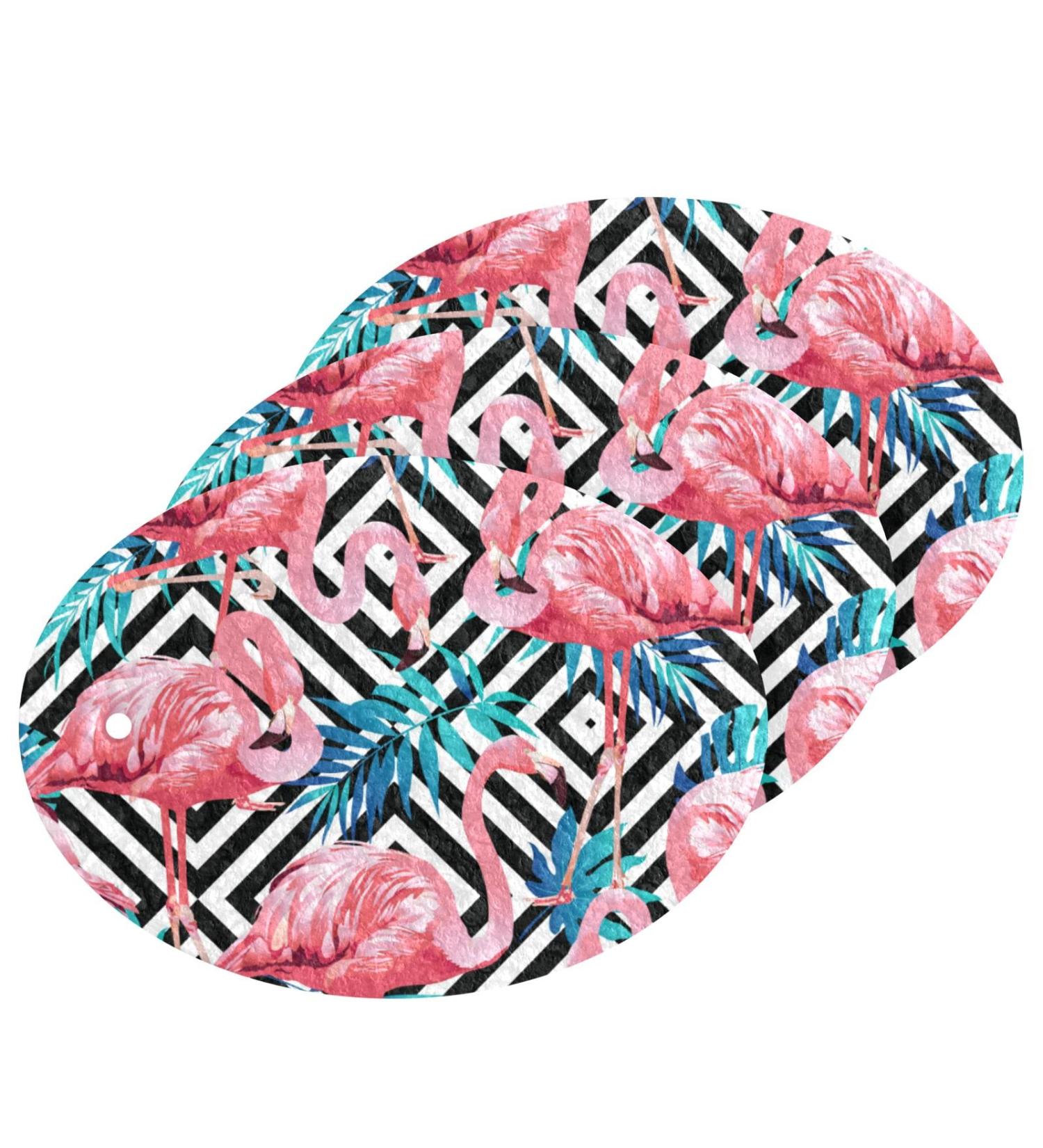 3-Pack Cleaning Kitchen Sponges Oval Tropical Pink Flamingo Stripes Kitchen Cellulose Dishwashing Wood Pulp Cotton - Buy Online on GoSupps.com