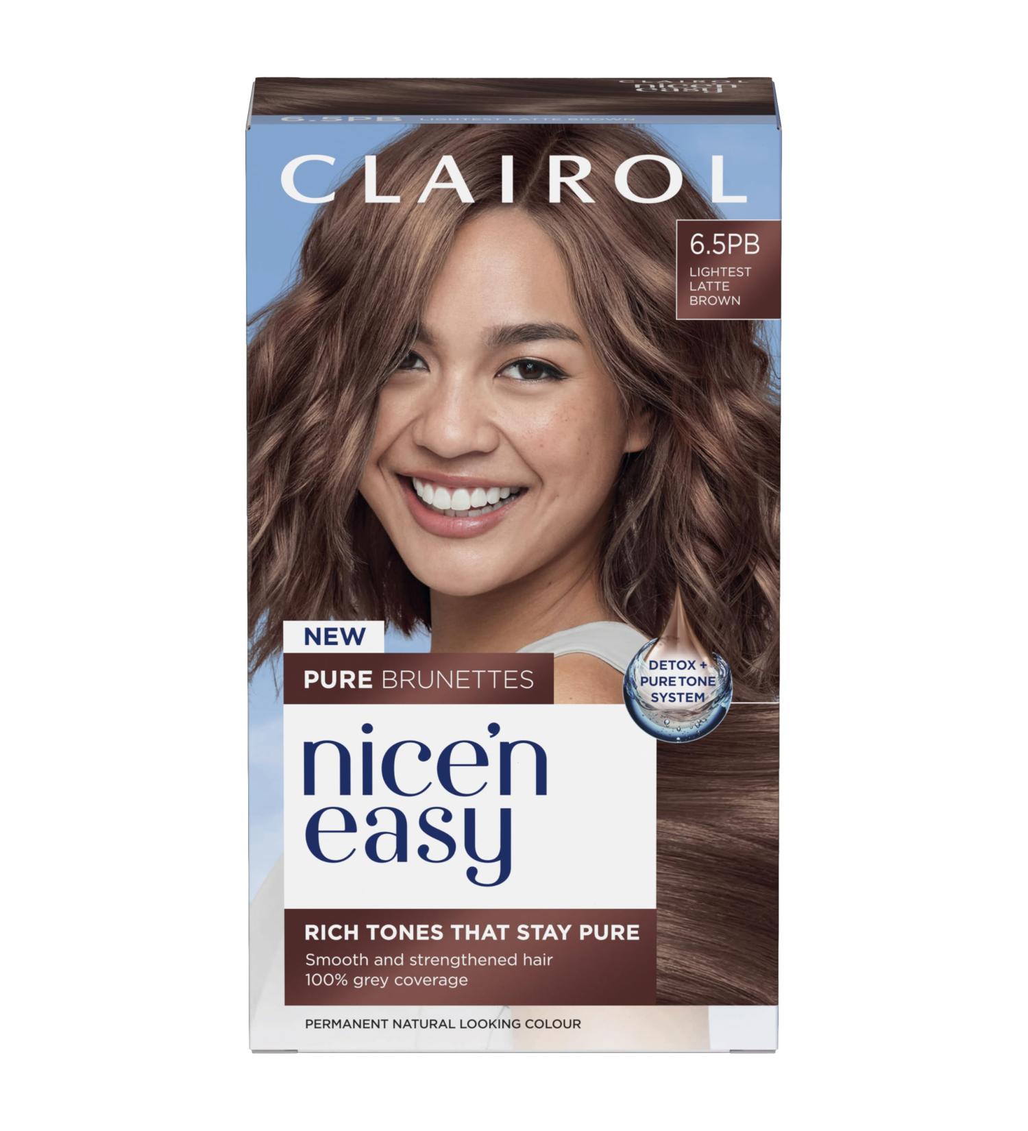 Clairol Nice n Easy Pure Brunettes Hair Colour | Pure and Rich Brown Tones | Smooth Natural Hair Colour | With Pre-Colour Serum | 100% Grey Coverage | 6.5PB Lightest Latte Brown| Permanent Hair Dye - Buy Online on GoSupps.com