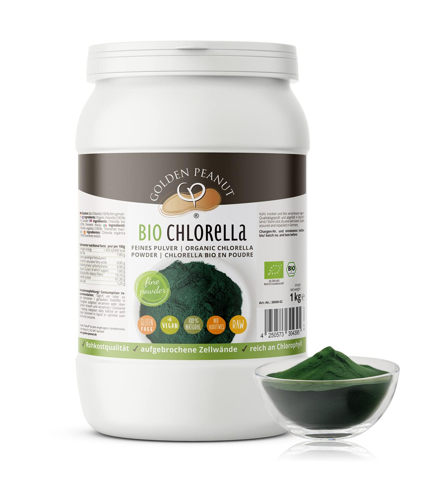 Golden Peanut Chlorella 1kg - 100% Raw Bio Chlorella Powder | Broken Cell Walls EU Organic Standard | Perfect for Green Smoothies - Buy Online on GoSupps.com