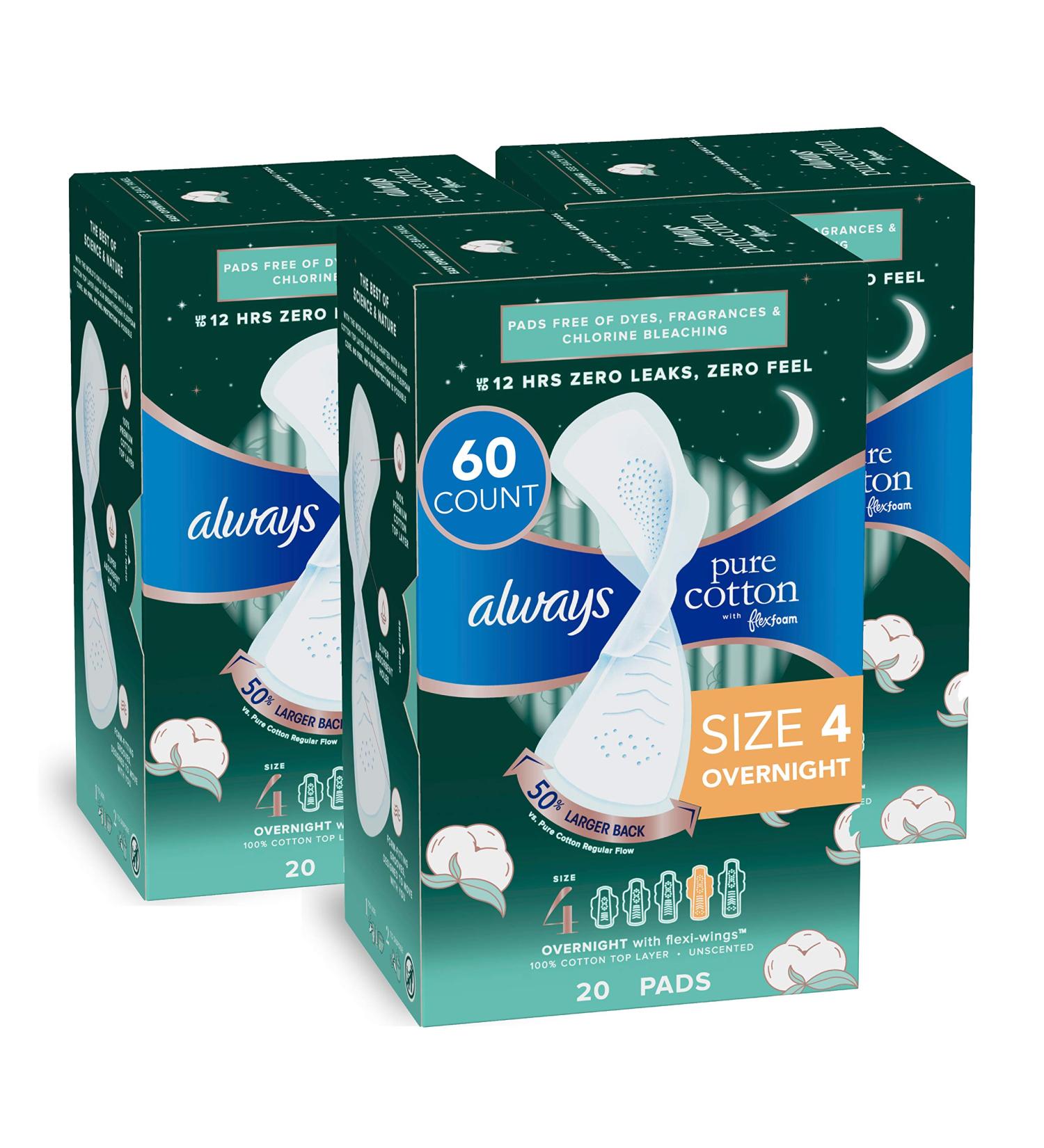 Always Pure Cotton Flexfoam Pads Size 4 Overnight Absorbency with Wings - 20 Count x 3 Packs - Buy Online on GoSupps.com