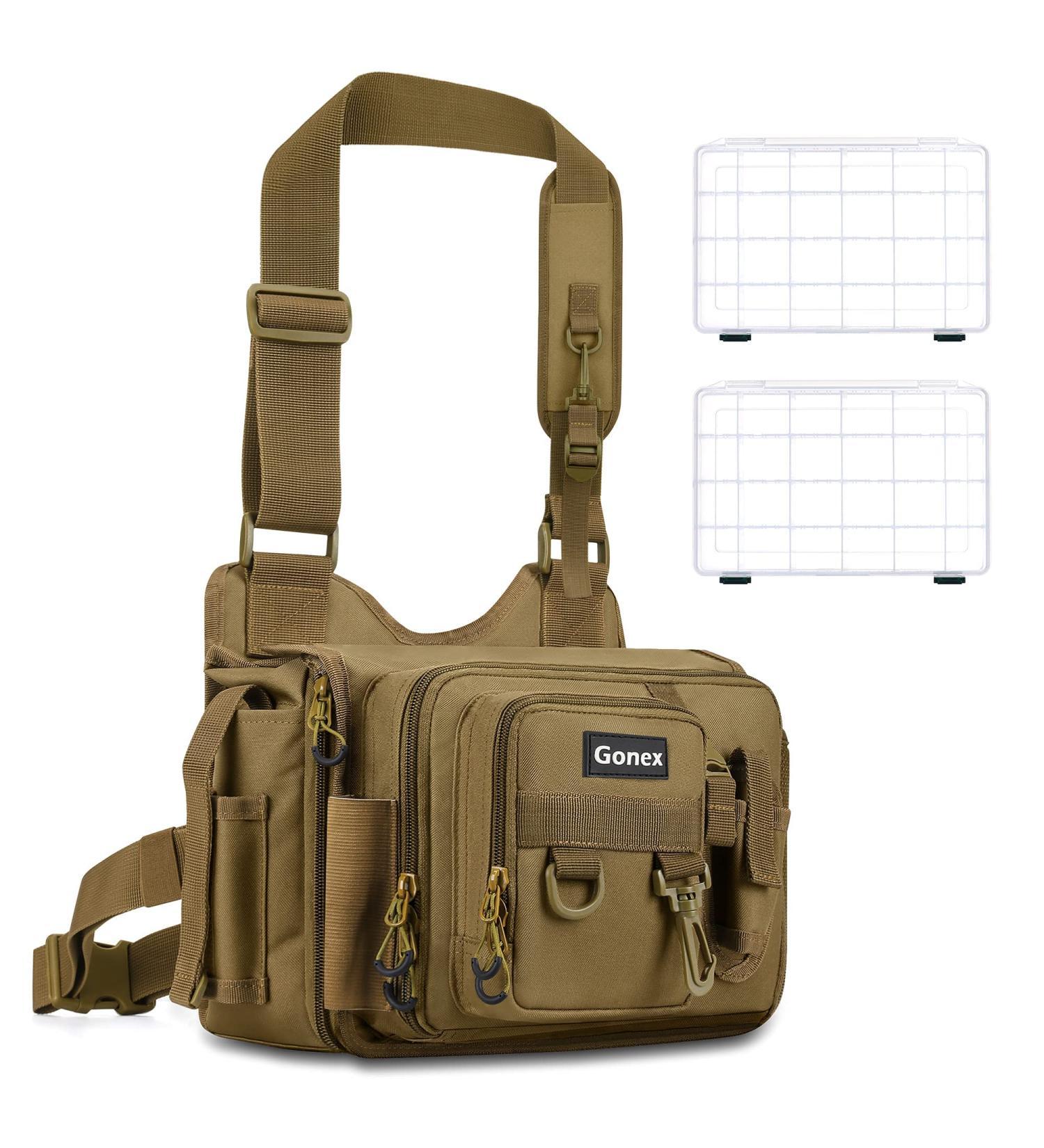 Gonex Fishing Tackle Backpack with 3600 Tackle Box | Khaki Sling Bag for Fly Fishing, Hiking, Hunting | Removable Shoulder Strap, Rod Holder | Men and Women - Includes 2 Tackle Boxes - Buy Online on GoSupps.com