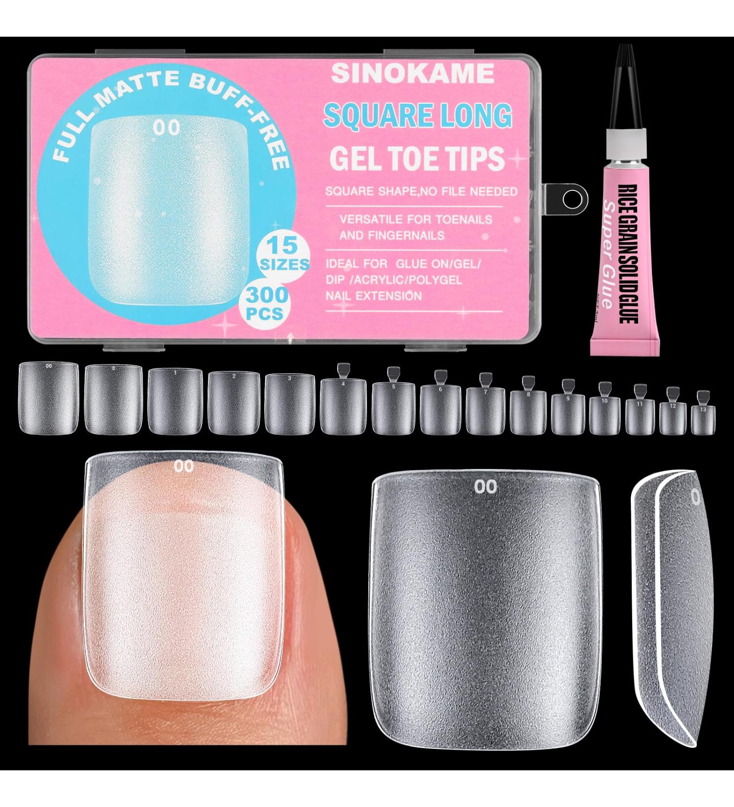Wider Long Square Toe Nail Tips - SINOKAME No File Matte Press Ons | 300 Pcs Clear Soak Off Fake Toenails - DIY Home Manicure Kit for Men & Women - Buy Online on GoSupps.com