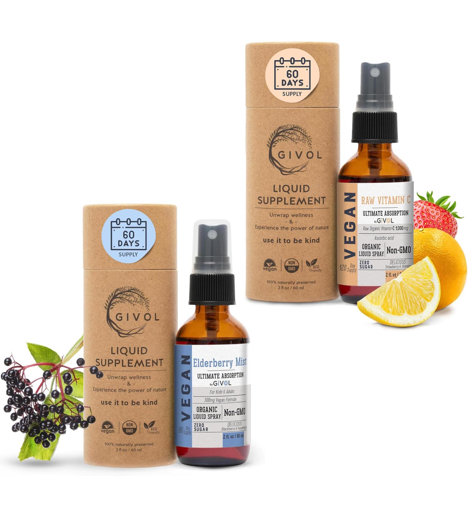 GIVOL Organic Elderberry Mist-Sambucus Nigra (Extra Strength) and Vitamin C Extra Strength Spray Mist: Daily Absorption Liquid Extract - Non-GMO - Immune Boost Optimizes Wellness Benefits - Buy Online on GoSupps.com