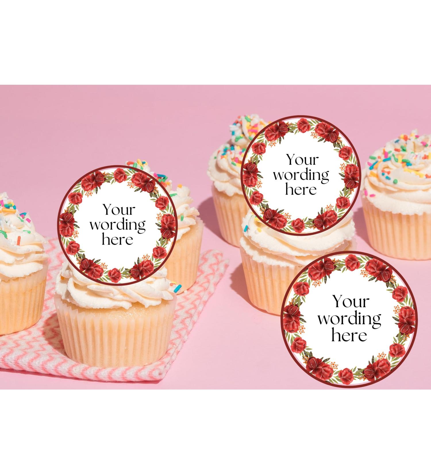 20 x EDIBLE PERSONALISED cupcake toppers red wafer/icing uncut Birthday/Hen Party/Retirement/Birthday/Baby Shower (icing paper)