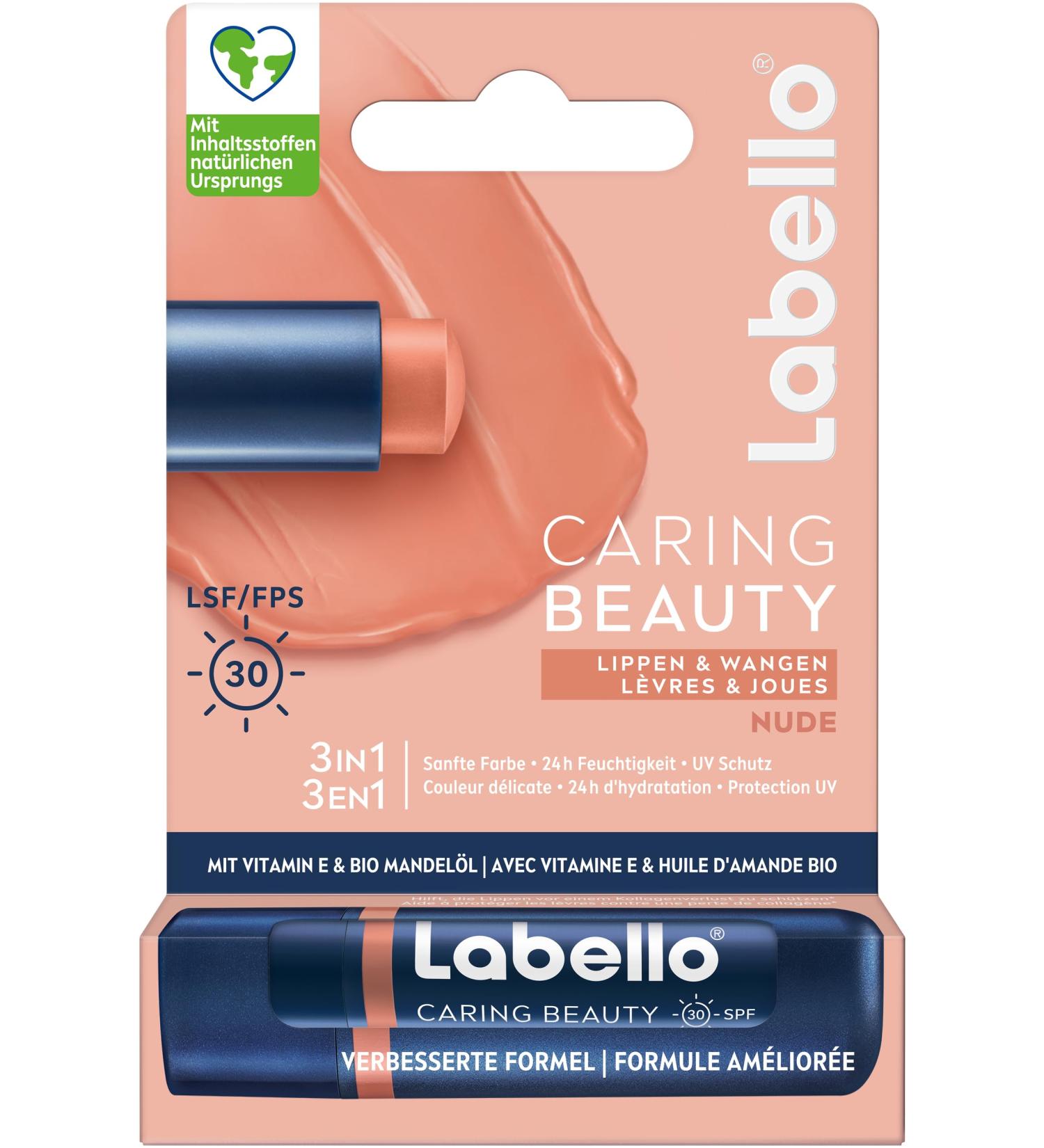 Labello Labello Caring Beauty Nude Lip Balm with colour and sun protection coloured lip care SPF 30 vitamin E and organic almond oil (4.8 g)