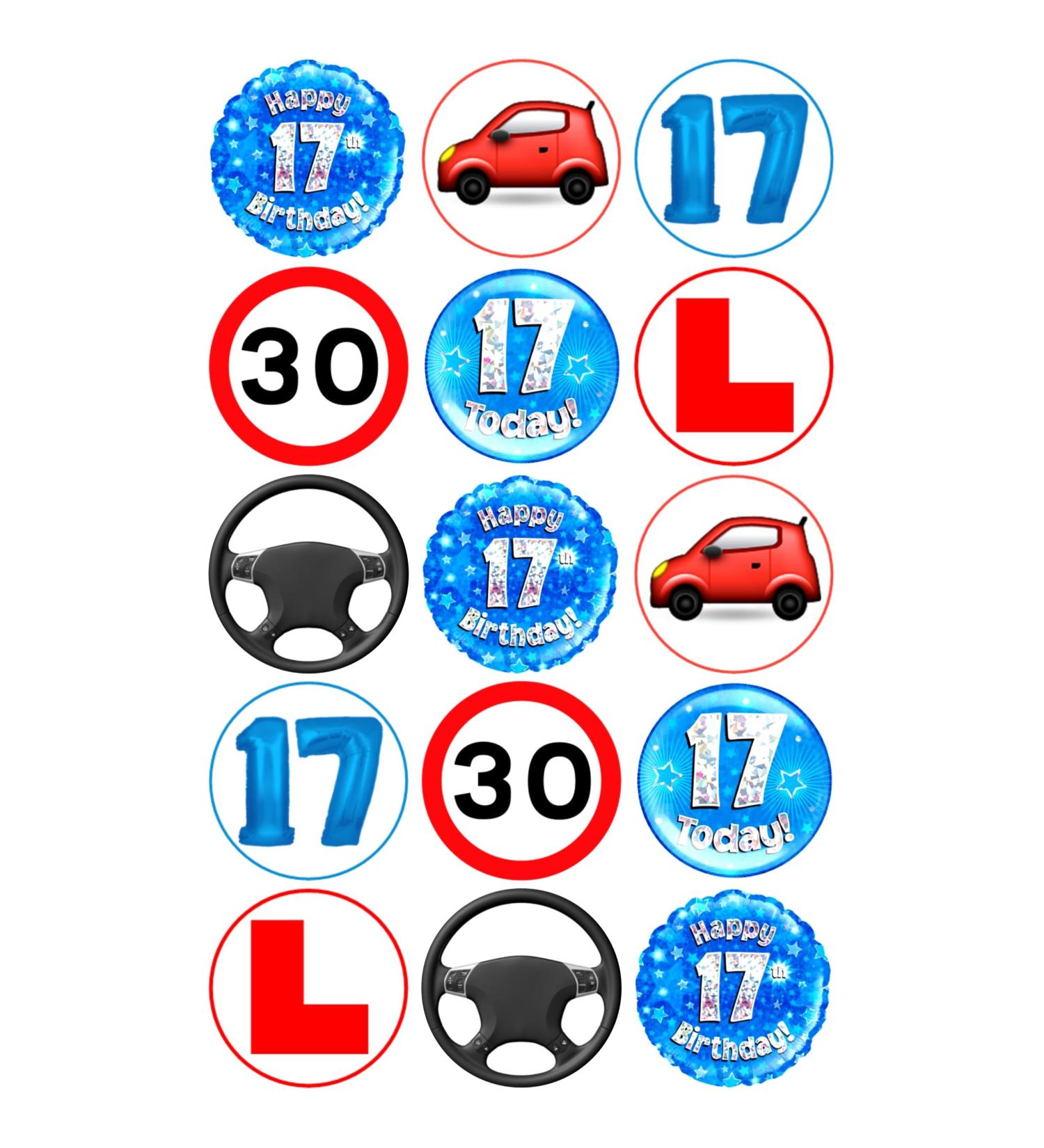 15 x 17th Birthday BLUE Driving Mix Edible Wafer or Icing Cupcake Toppers Fun Xmas Party Cake Decorations (Edible Wafer Card)