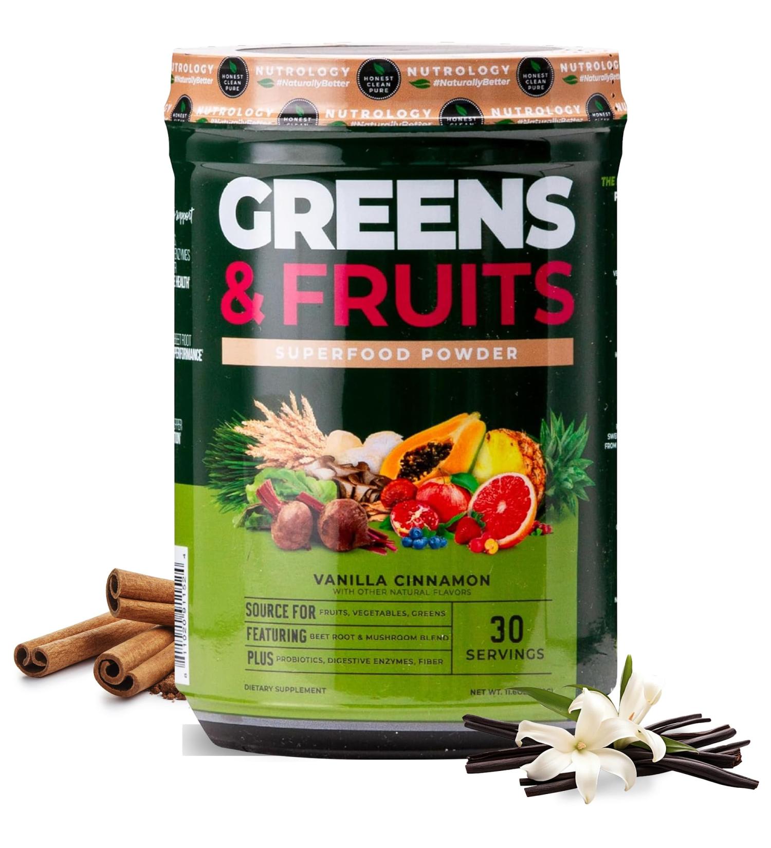 Nutrology Greens & Fruits Powder-Naturally Sourced Superfood Beet Powder Mushroom Blend Probiotics Digestive Enzymes Fiber Antioxidants Immune Support Gluten Free - Vanilla Cinnamon - Buy Online on GoSupps.com