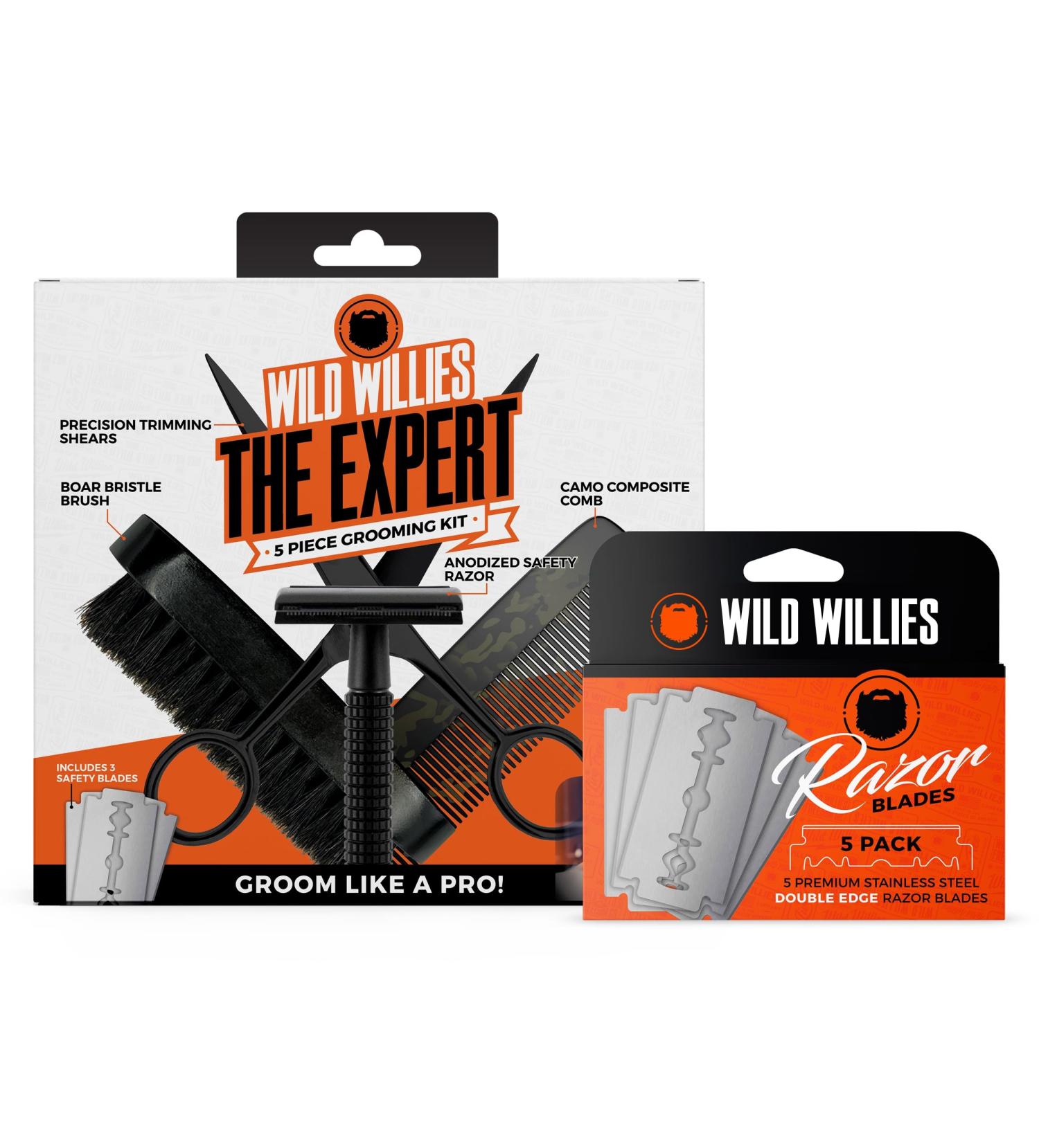 Wild Willies Expert Beard Grooming Kit - 5-Piece Gift Set with Comb Boar Bristle Brush Safety Razor & Grooming Shears | Perfect Men's Beard Kit for Daily Use - Ships Internationally - Buy Online on GoSupps.com