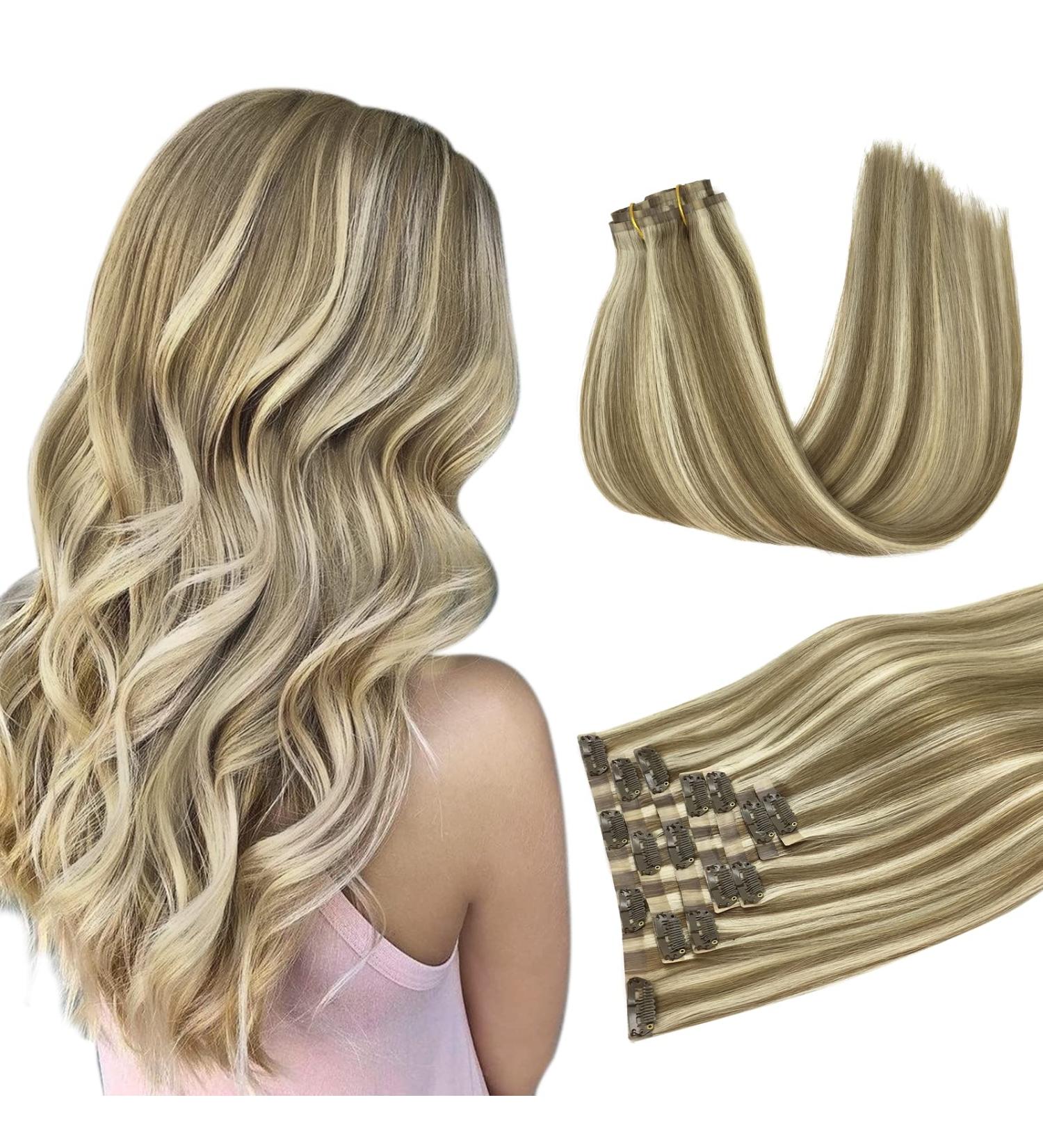 Doores Seamless Clip In Extensions | Real Hair Light Brown & Medium Blonde | 50cm 20 Inch 110g Remy Human Hair | 7 Pieces PU Clips - Buy Online on GoSupps.com