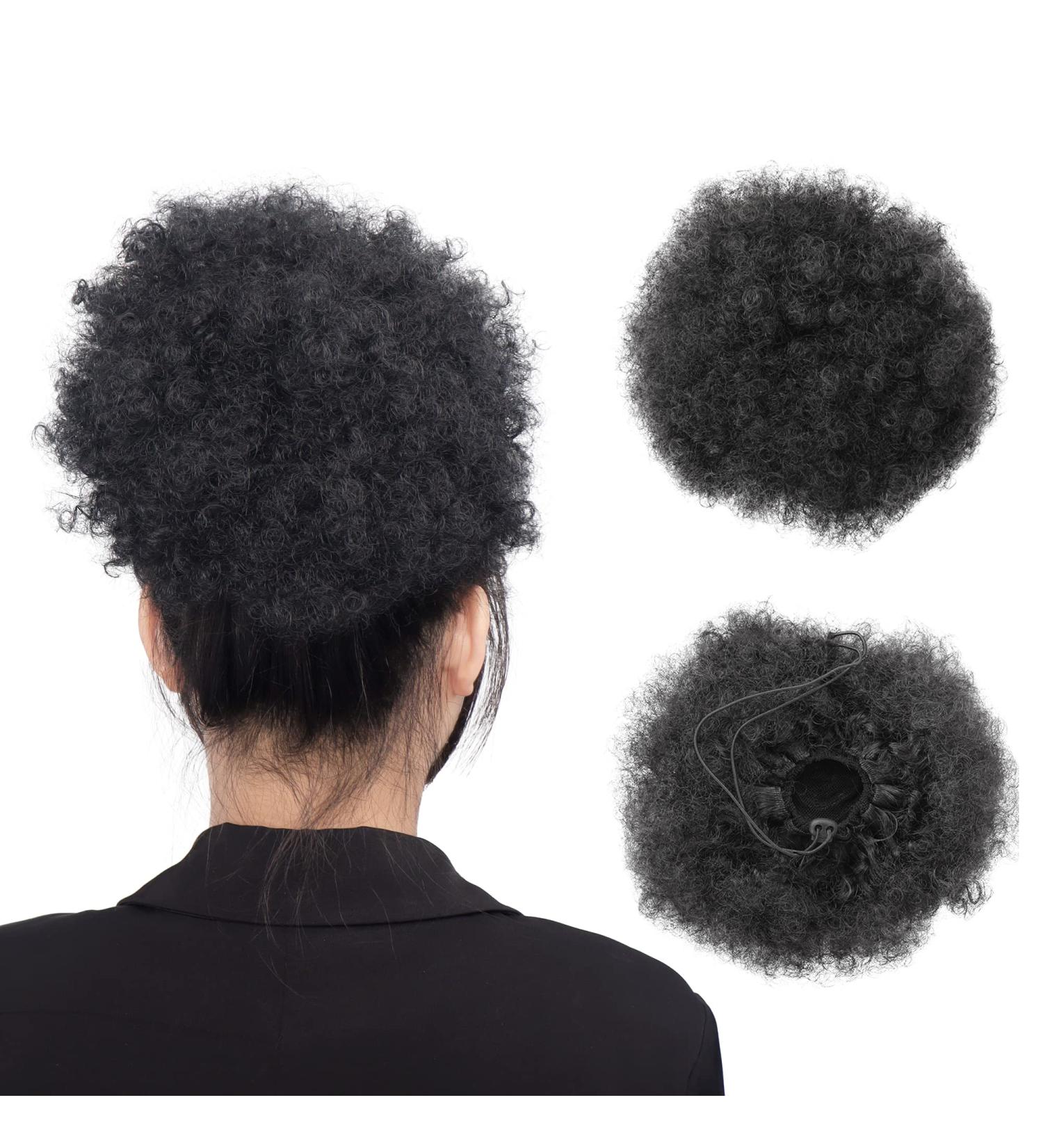 MEIRIYFA Afro Puff Drawstring Ponytail - Short Curly Synthetic Hair Extension Bun with Clips (Black) - Buy Online on GoSupps.com