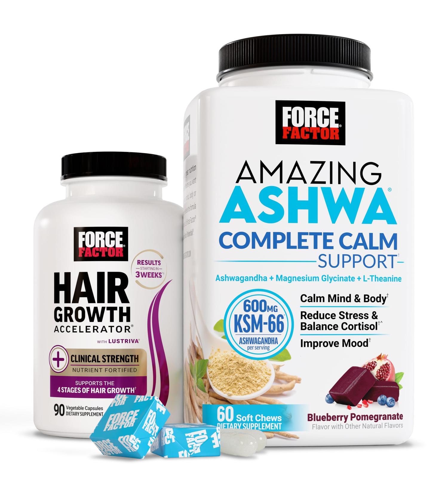 Force Factor Hair Growth Accelerator Capsules 90 Capsules + Amazing Ashwa Complete Calm Support with KSM-66 Ashwagandha Blueberry Pomegranate 60 Soft Chews - Buy Online on GoSupps.com