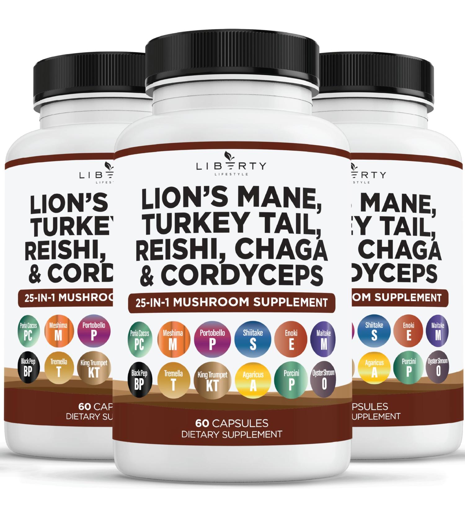 Lions Mane Mushroom Supplement with Turkey Tail Reishi Cordyceps Chaga with Marshmallow Root - 3-Pack 180 Capsules (Pack of 3) - Buy Online on GoSupps.com