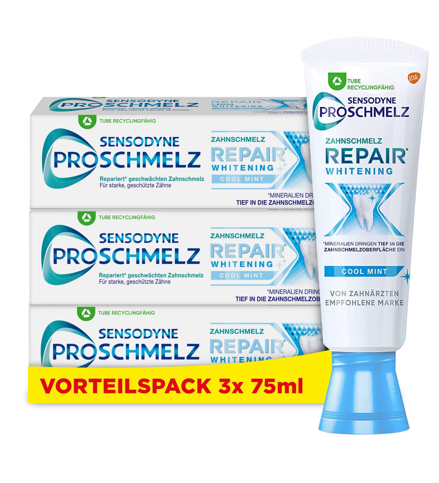 Sensodyne Proschmelz Repair Whitening Toothpaste 3x75ml - Fluoride Daily Formula for Strengthening Enamel & Removing Discoloration | Shop Internationally - Buy Online on GoSupps.com