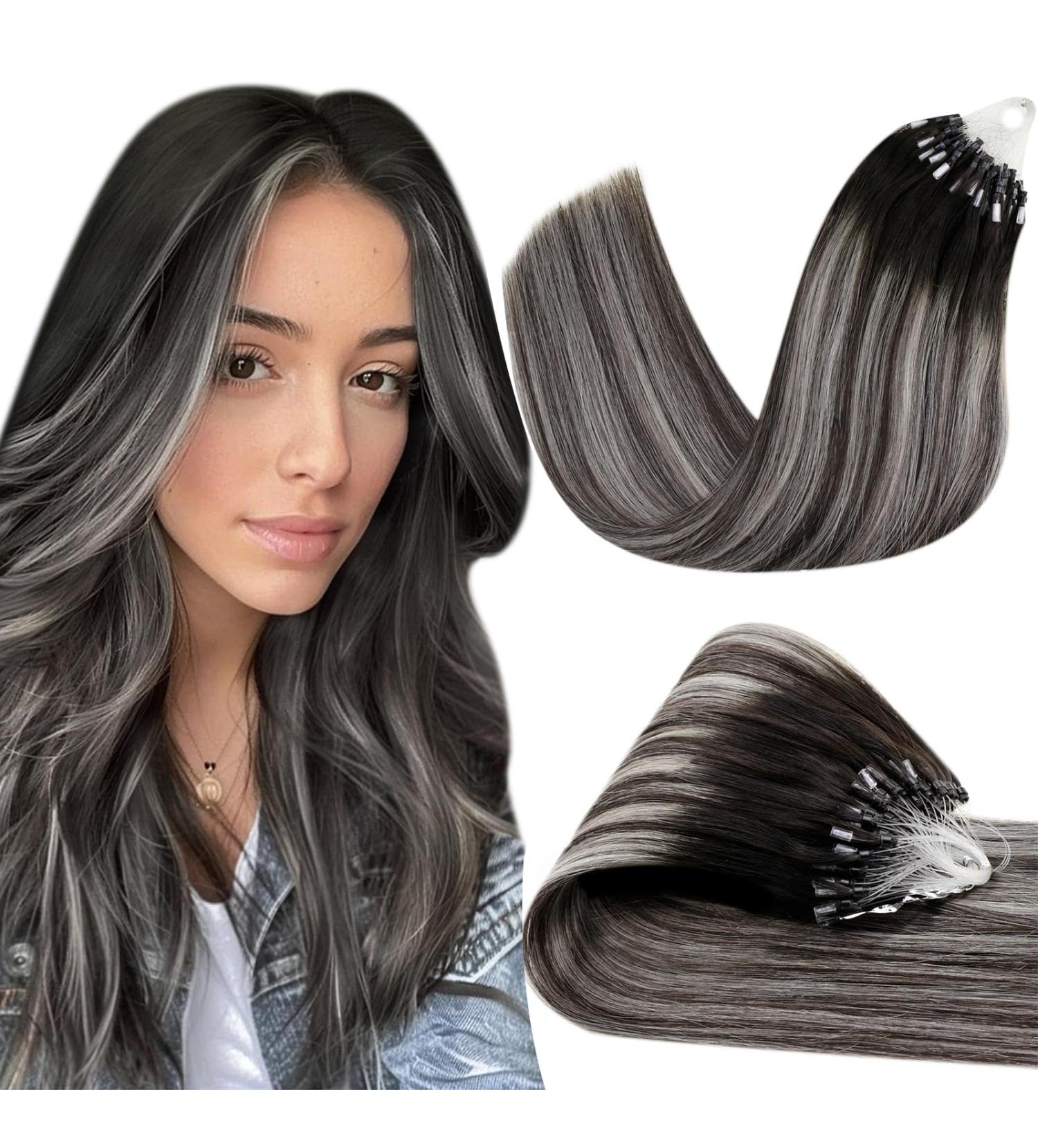 Hetto Real Hair Extensions - Microring Balayage Remy Hair - Smooth Black & Silver #1B/Silver/1B - 50cm Length - Buy Online on GoSupps.com