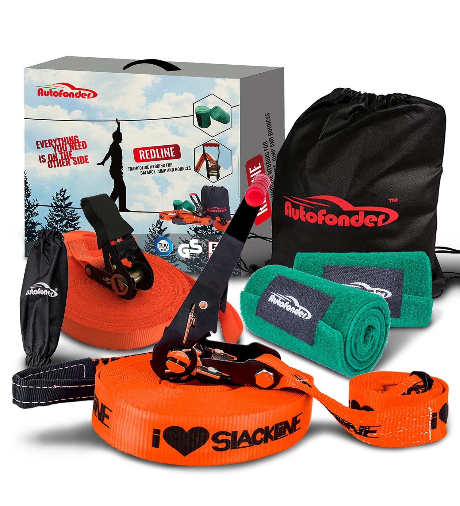 Autofonder Slackline Kit - 250lbs Weight Capacity - Perfect for Adults, Children, and Beginners - Complete Set with Tree Protectors, Ratchet Cover, Instructions, and Carry Bag - Buy Online on GoSupps.com
