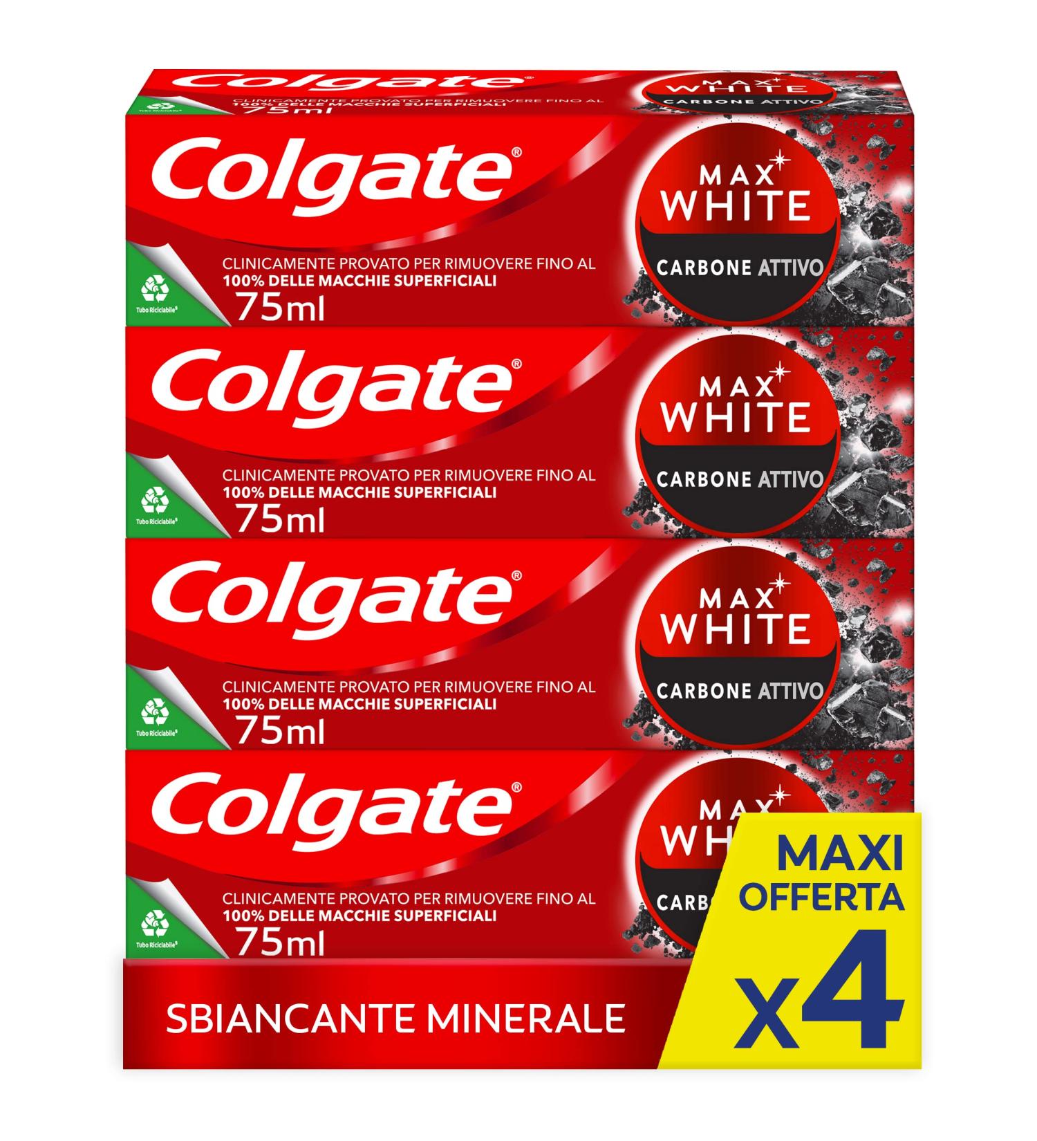  Colgate Colgate Max White Carbon Whitening Toothpaste 4 x 75ml Packs | Gentle Mineral Toothpaste with Activated Charcoal for Teeth Whitening | Teeth Whitening | Natural White - Buy Online on GoSupps.com