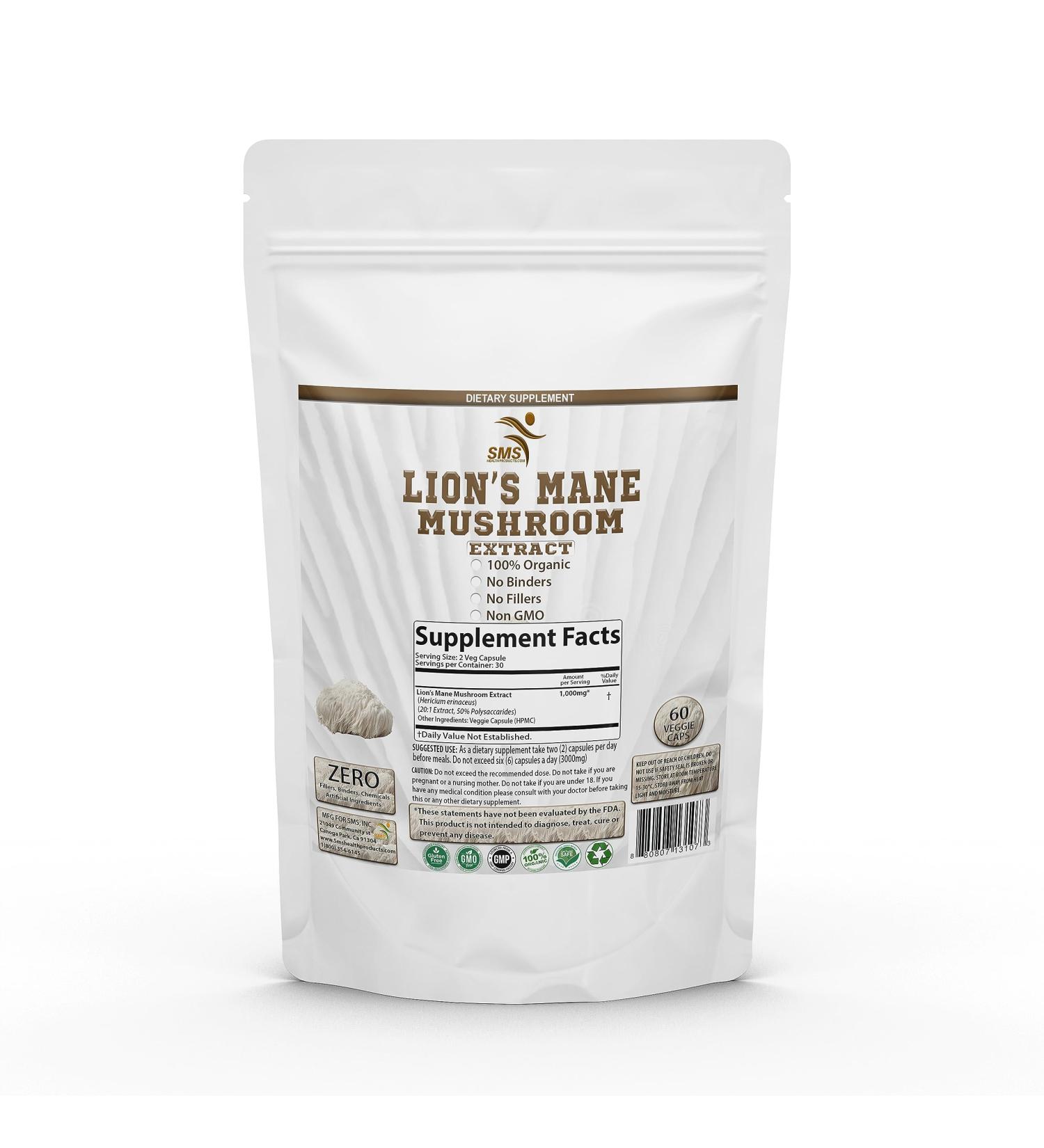 SMSHEALTHPRODUCTS.com Lion's Mane Mushroom Cognition Capsules (60 Capsules) Lions Mane Mushroom Powder Extract Capsules | for Brain Support and Immune Health - Buy Online on GoSupps.com
