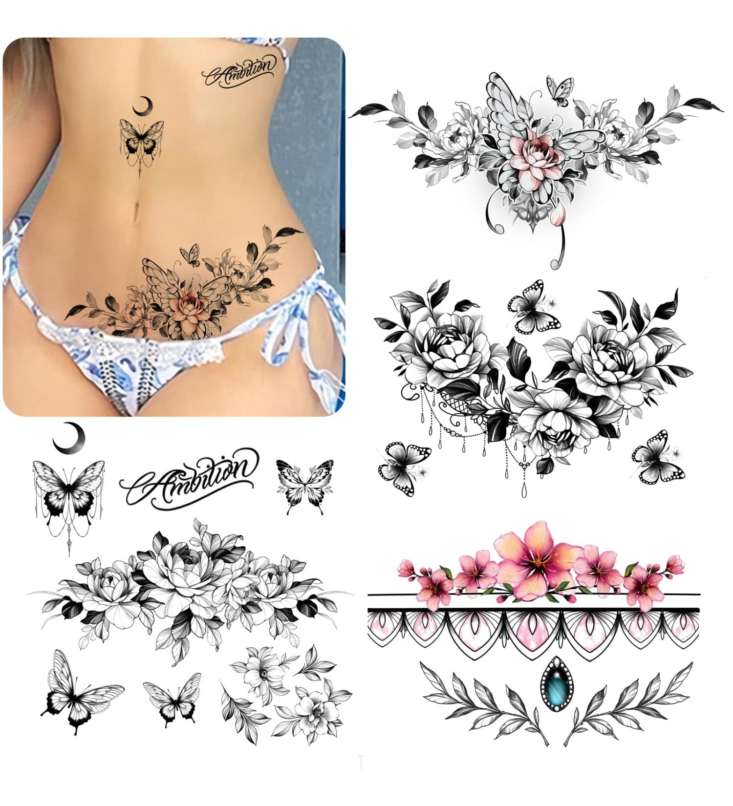 ROARHOWL Sexy Temporary Tattoo Kit - 3D Realistic Flowers & Butterflies for Abdomen, Chest, Waist & Back - Perfect False Tattoos for Women (Design 3) - Buy Online on GoSupps.com