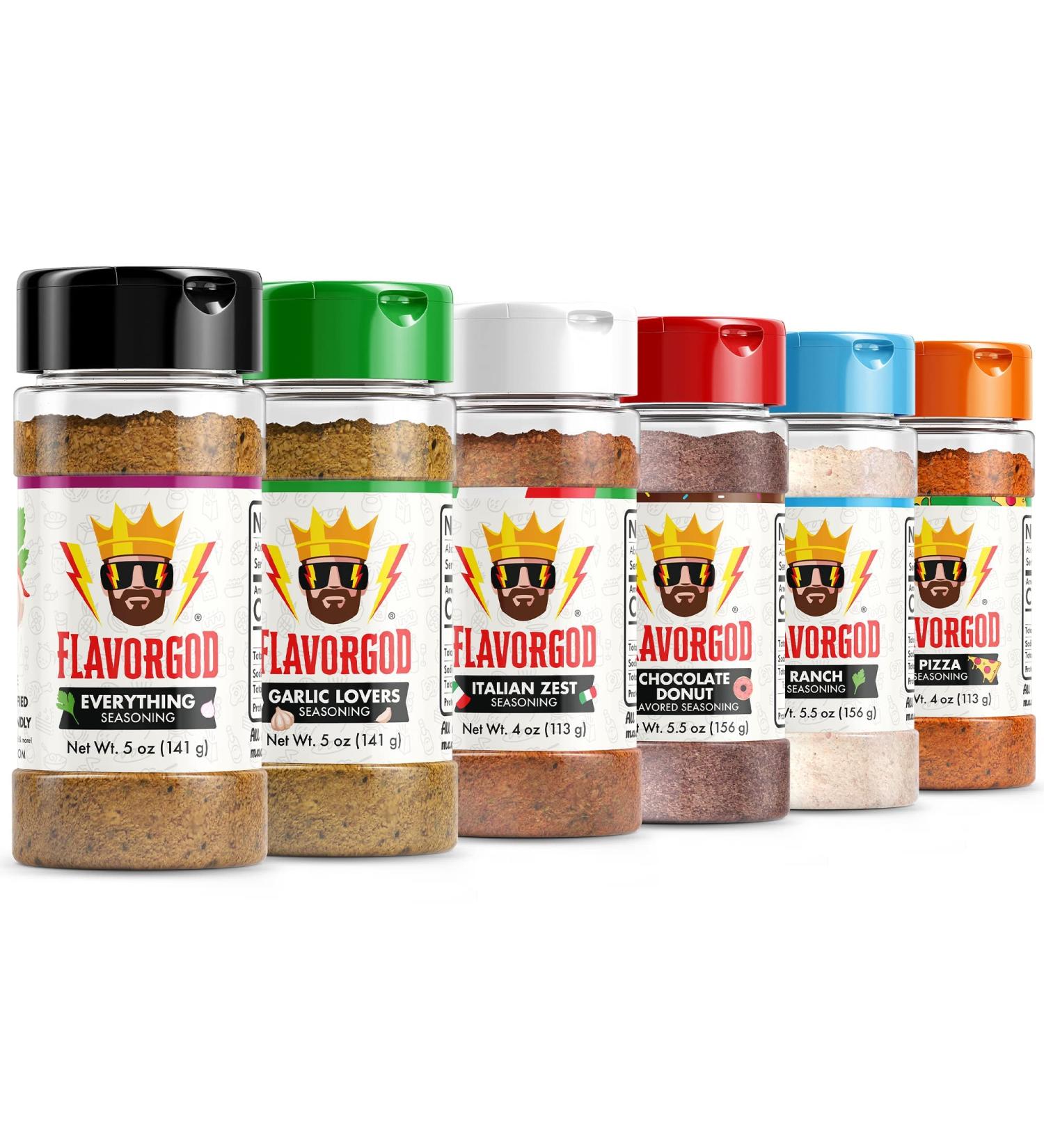 Flavor God Meal Prep Spices Combo Pack of 6 - Premium Natural & Healthy Seasoning Gift Set for Garlic Lovers, Italian Zest, Chocolate Donut, Ranch, Pizza - Low Sodium Blend for Chicken, Beef, Seafood & Steak - Buy Online on GoSupps.com