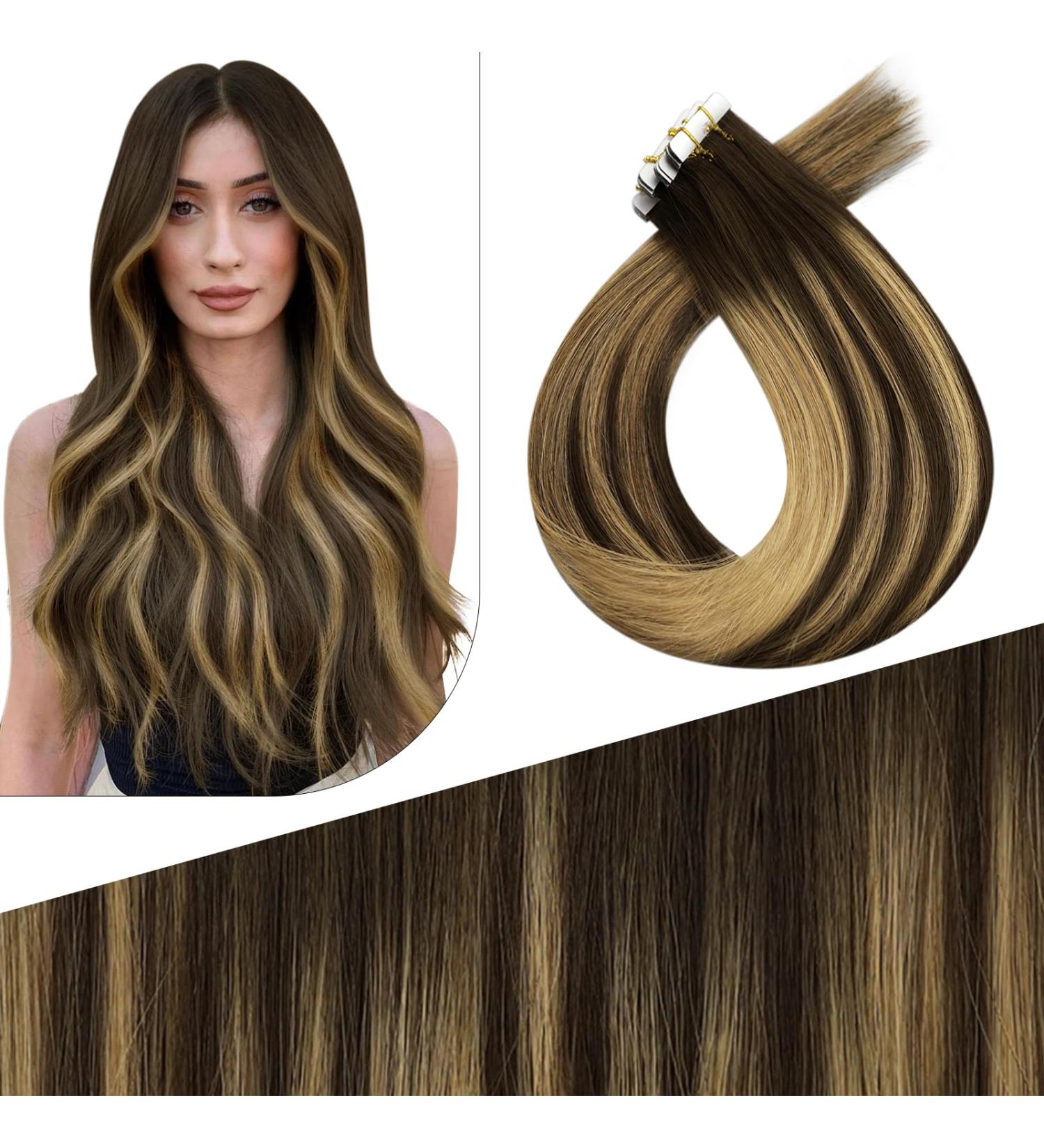 FSHINE Dark Brown Tape Extensions - 55cm Real Hair Highlighted Caramel Blonde 10 Pieces Silky & Natural | Virgin Hair 25g #bm 5 - Buy Online on GoSupps.com