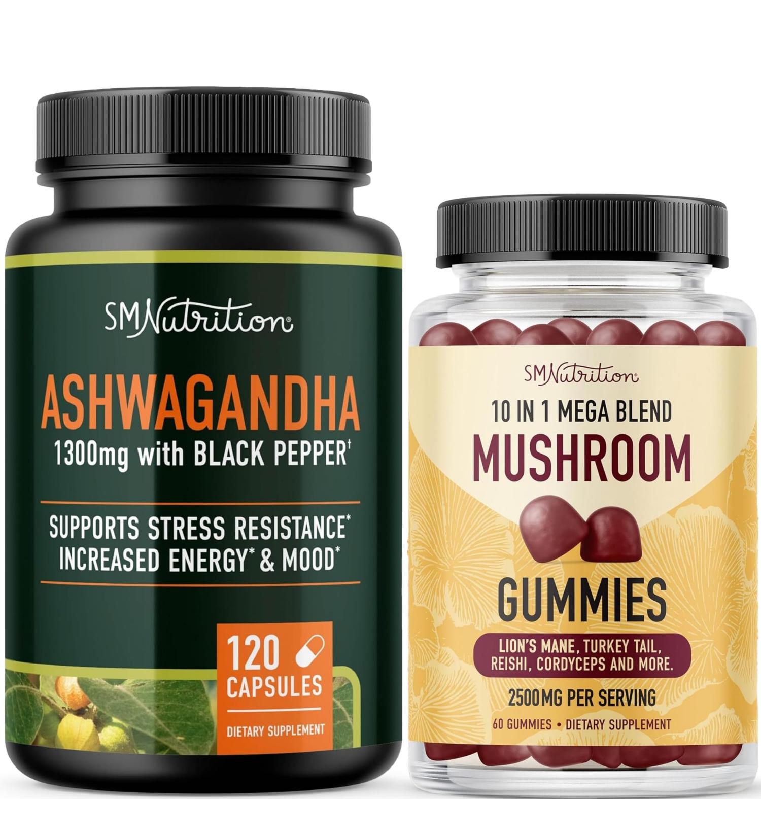 SMNutrition Mushroom Gummies & Ashwagandha with Black Pepper | Herbal Adaptogen Bundle with 10 Mushroom Complex (30 Servings) and Ashwagandha Capsules (60 Servings) - Buy Online on GoSupps.com