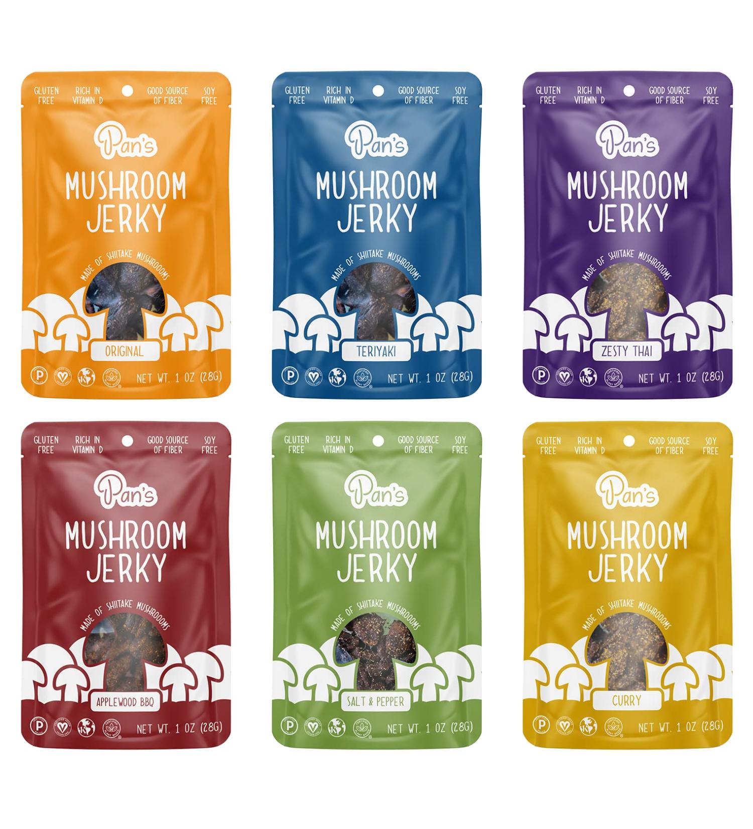 Pan's Mushroom Jerky Vegan Snack Packs - Plant-Based Shiitake Mushrooms - Gluten Free - High Fiber - Variety Pack of 6 (Original, Zesty Thai, Salt & Pepper, BBQ, Curry, Teriyaki) - 1 Ounce Packs - Buy Online on GoSupps.com
