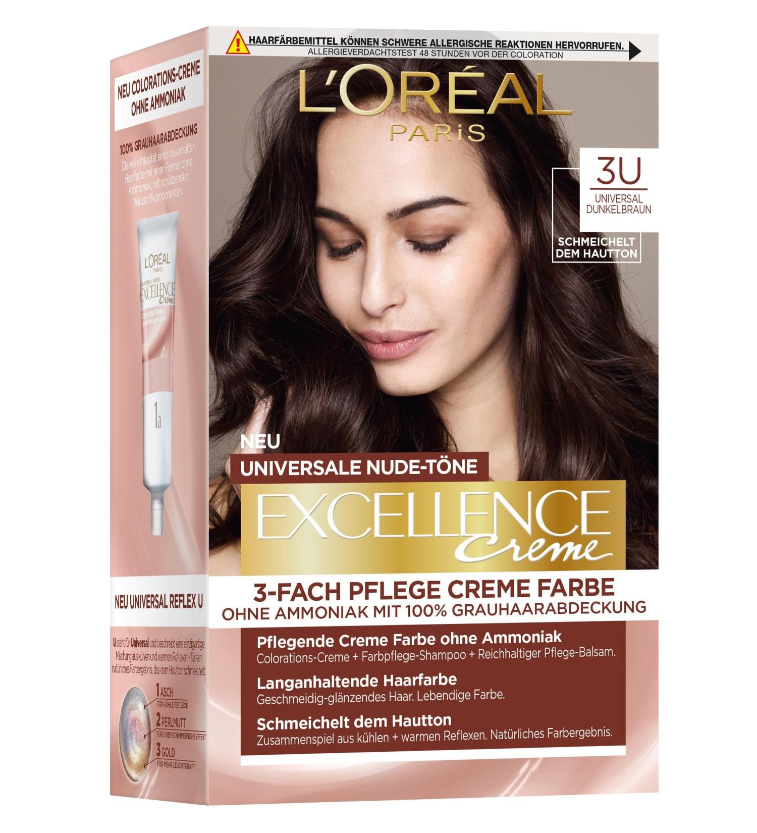 L'Or al Paris Excellence Cream Permanent Hair Color No. 3U Dark Brown - Ammonia-Free Universal Nude Tones Complete Gray Coverage Perfect for All Skin Tones - 1 Pack - Buy Online on GoSupps.com