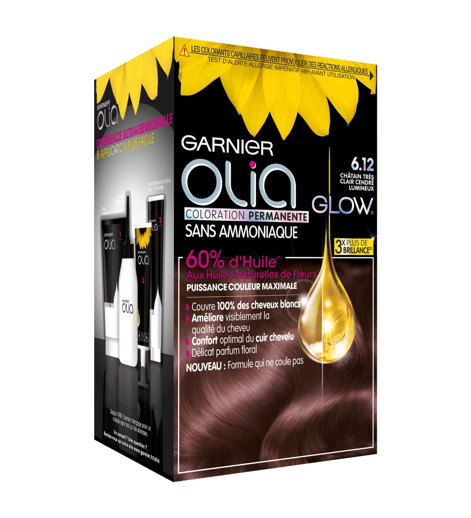 Garnier Olia Glow Permanent Hair Colour Ammonia-Free Natural Flower Oils Very Light Ash Brown (6.12)