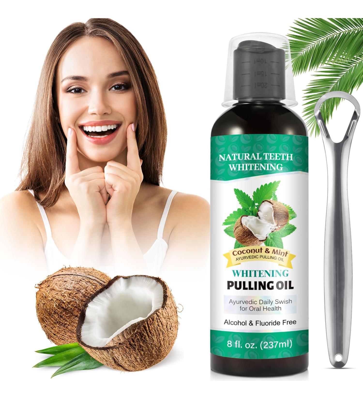 Coconut Mint Oil Pulling - 100% Natural Oral Care for Gum Health | Brightening Mouthwash with Tongue Scraper & Measuring Cups (8 FL OZ) - Buy Online on GoSupps.com