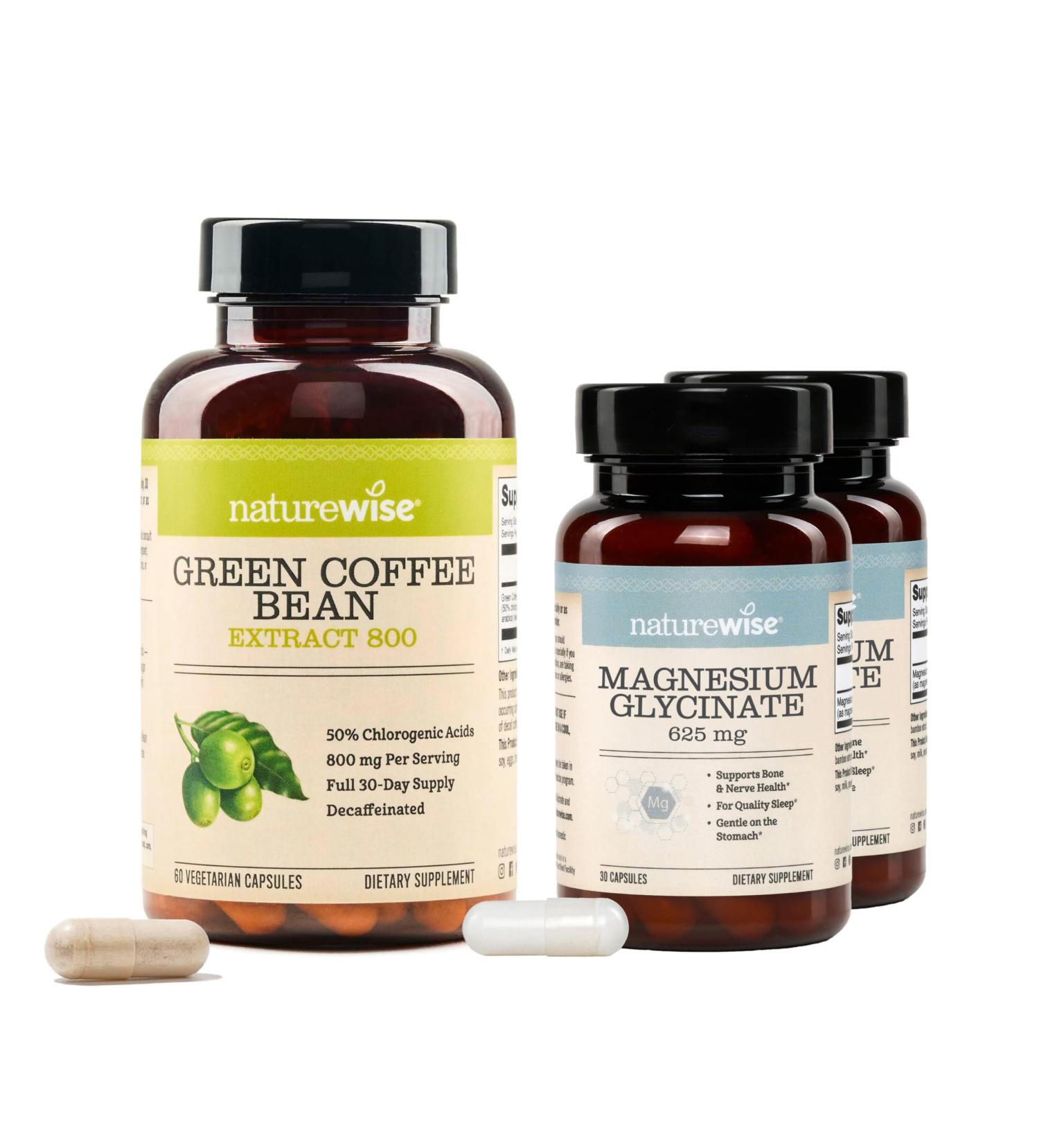 NatureWise 1 Green Coffee Bean Extract - Vegan Non-GMO - 60 Capsules 30-Day Supply + (Pack of 2) Magnesium Glycinate 625mg - Chelated Magnesium - 30 Capsules 30-Day Supply  - Buy Online on GoSupps.com