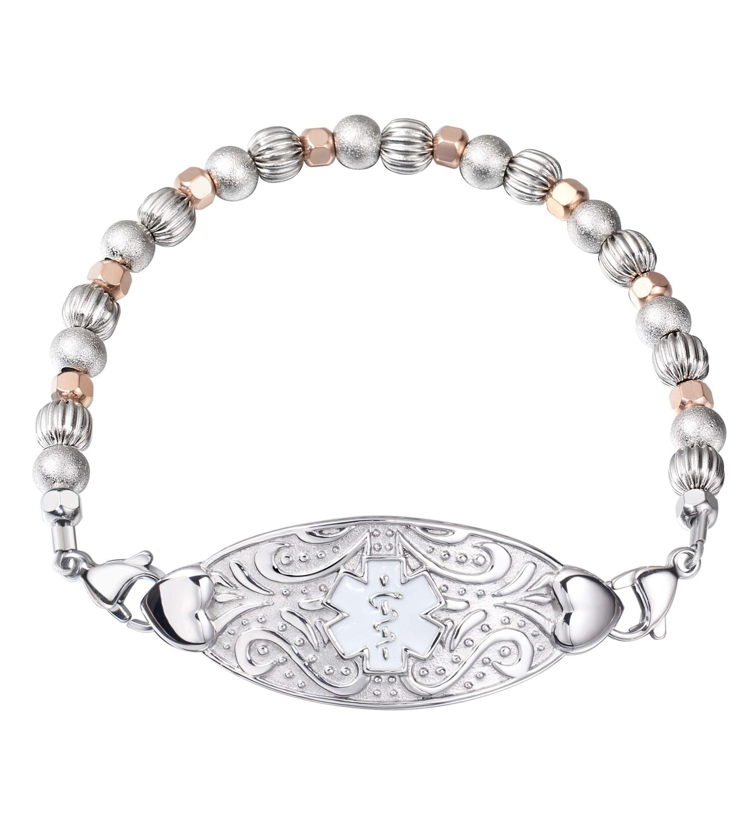 Customized Medical Alert ID Beaded Bracelet for Women | Free Engraving | Stainless Steel Personalized Emergency Identification | 6.5-8.5 Inches - Buy Online on GoSupps.com