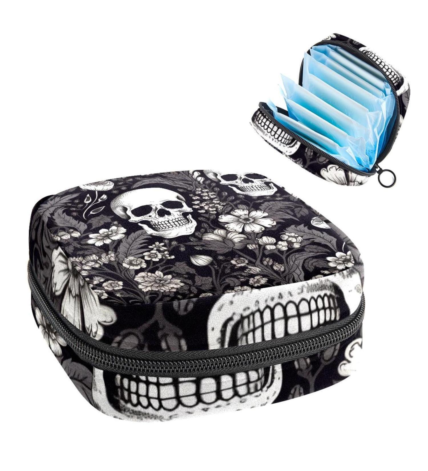 Black Death Skull Flower Sanitary Napkin Storage Bag Feminine Menstrual Cup Pouches Nursing Pad Holder Tampon Bags Portable Period Bag for Women Teen Girls 1Pcs Multi-colored 12 - Buy Online on GoSupps.com
