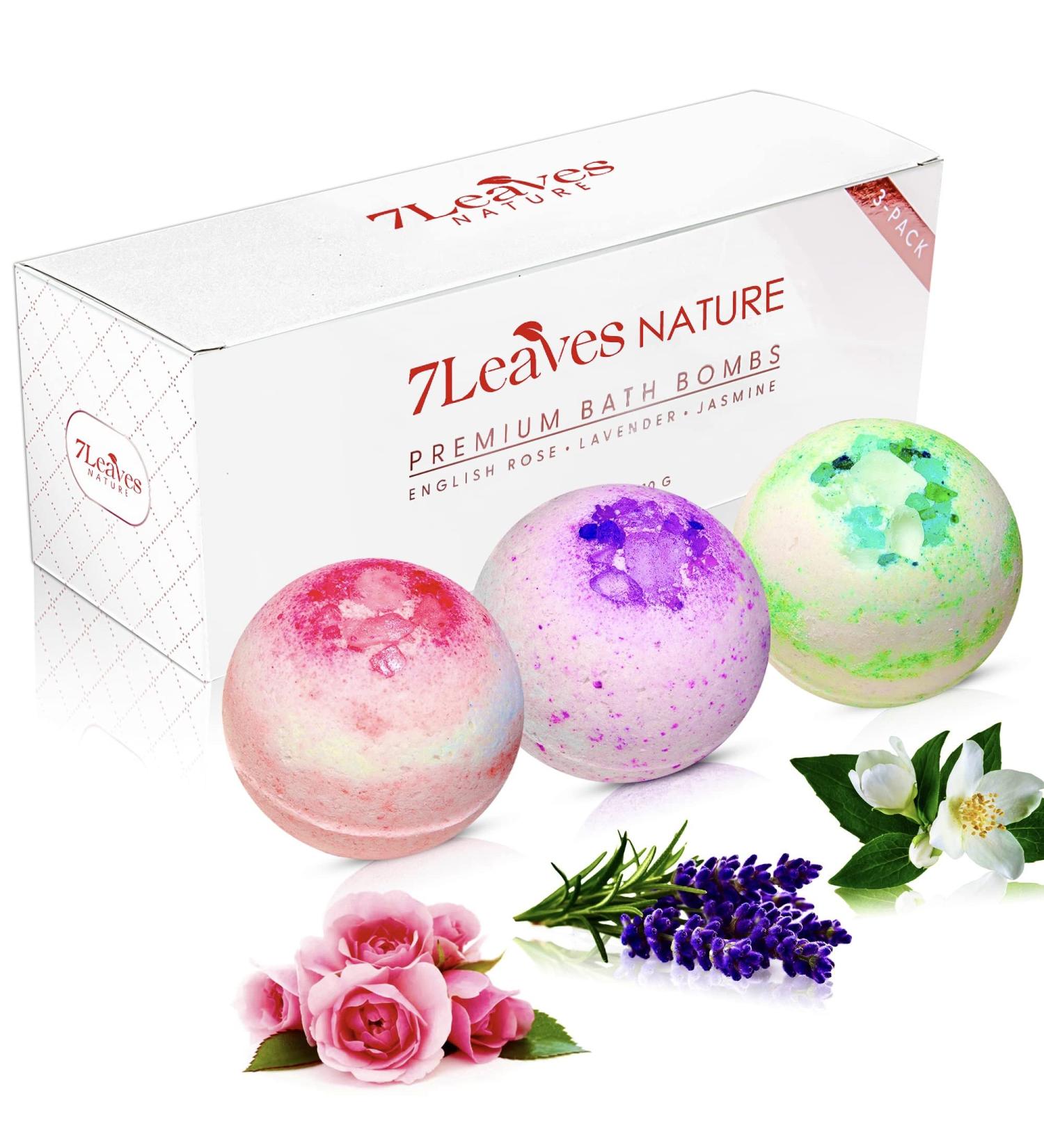 7Leaves Nature Premium Bath Bombs 3-Pack Gift Set with Lavender, Rose & Jasmine Essential Oils - Perfect for Women Mother Christmas Birthday - 6oz Each - Buy Online on GoSupps.com