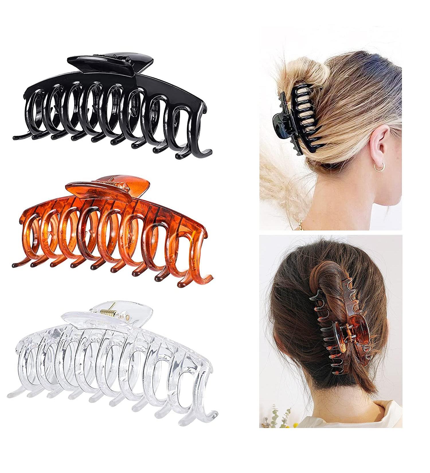 3-Pack Large Plastic Hair Claw Clips for Thick Hair - Vintage Slide-Resistant Accessories in Black Brown & Clear Crystal - Buy Online on GoSupps.com