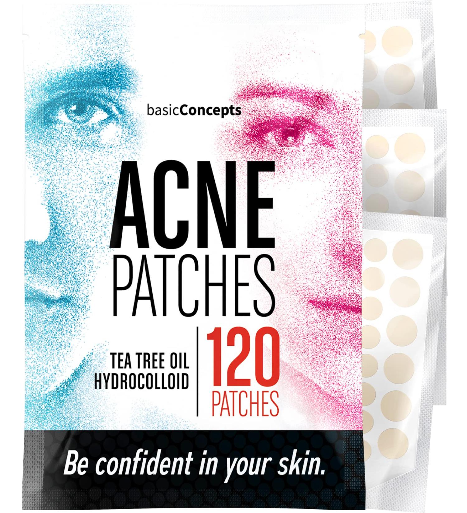BASIC CONCEPTS Acne Patches (120 Pack) - Tea Tree Oil and Hydrocolloid Pimple Stickers for Face - 3 Sizes Blemish Dots for Clear Skin - Buy Online on GoSupps.com