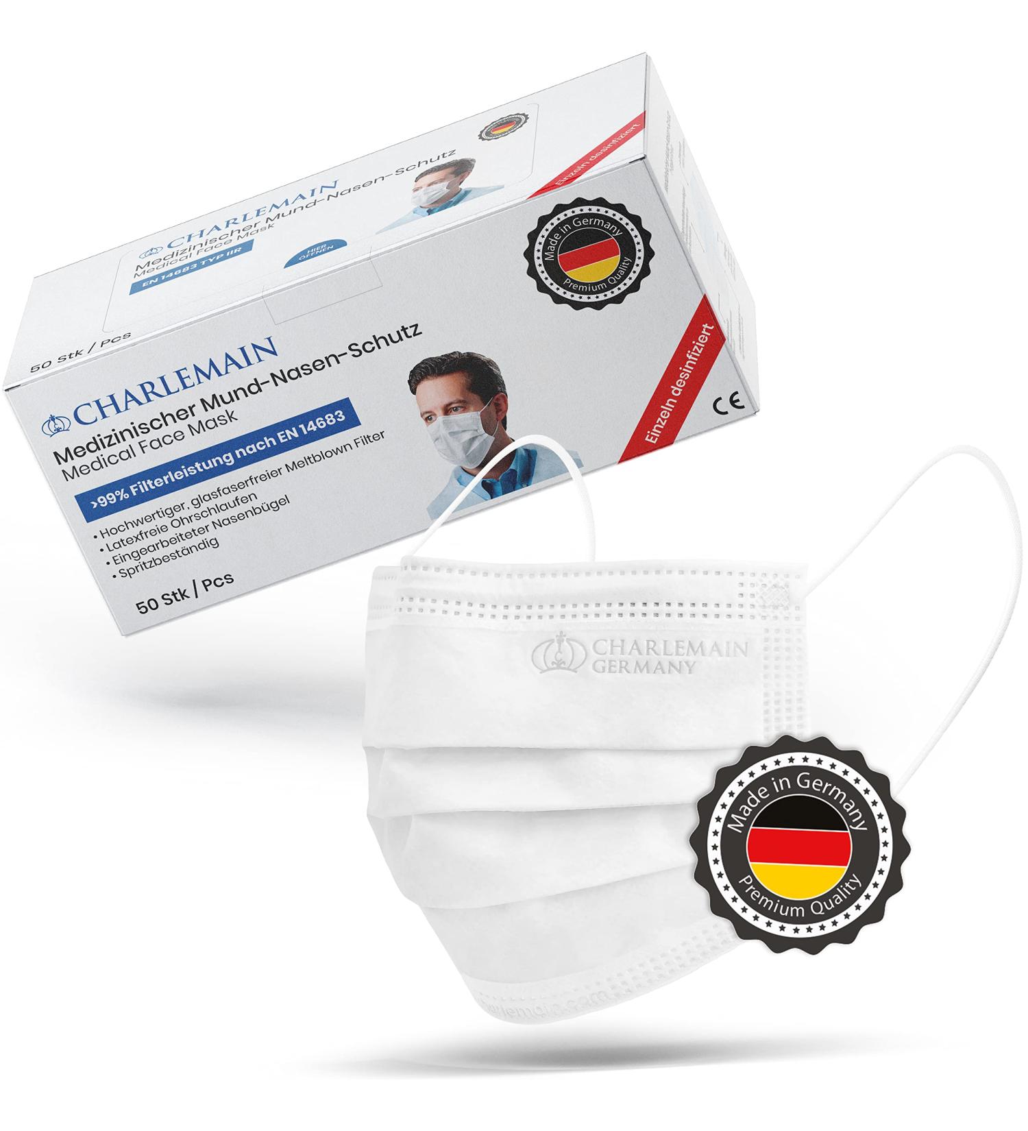 Charlemain 150x Surgical Masks - German Made EN 14683 Type IIR CE Certified BFE 99.9% Disposable 3-Layer Latex-Free Mouth and Nose Protection - 150 Pack White - Buy Online on GoSupps.com