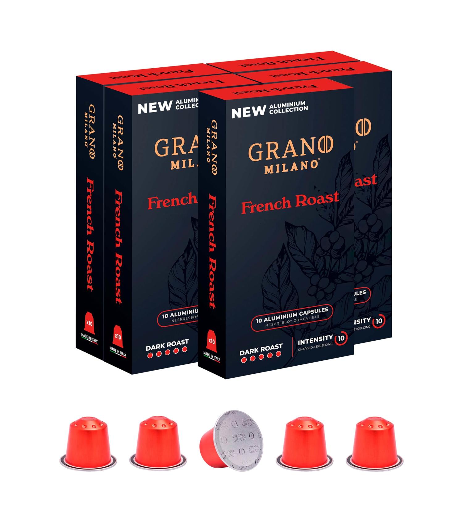 Grano Milano French Roast 50 Aluminium Coffee Pods - Nespresso Compatible - Dark Roast Intensity 10/12 - Made in Italy - Espresso Coffee Capsules - Buy Online on GoSupps.com