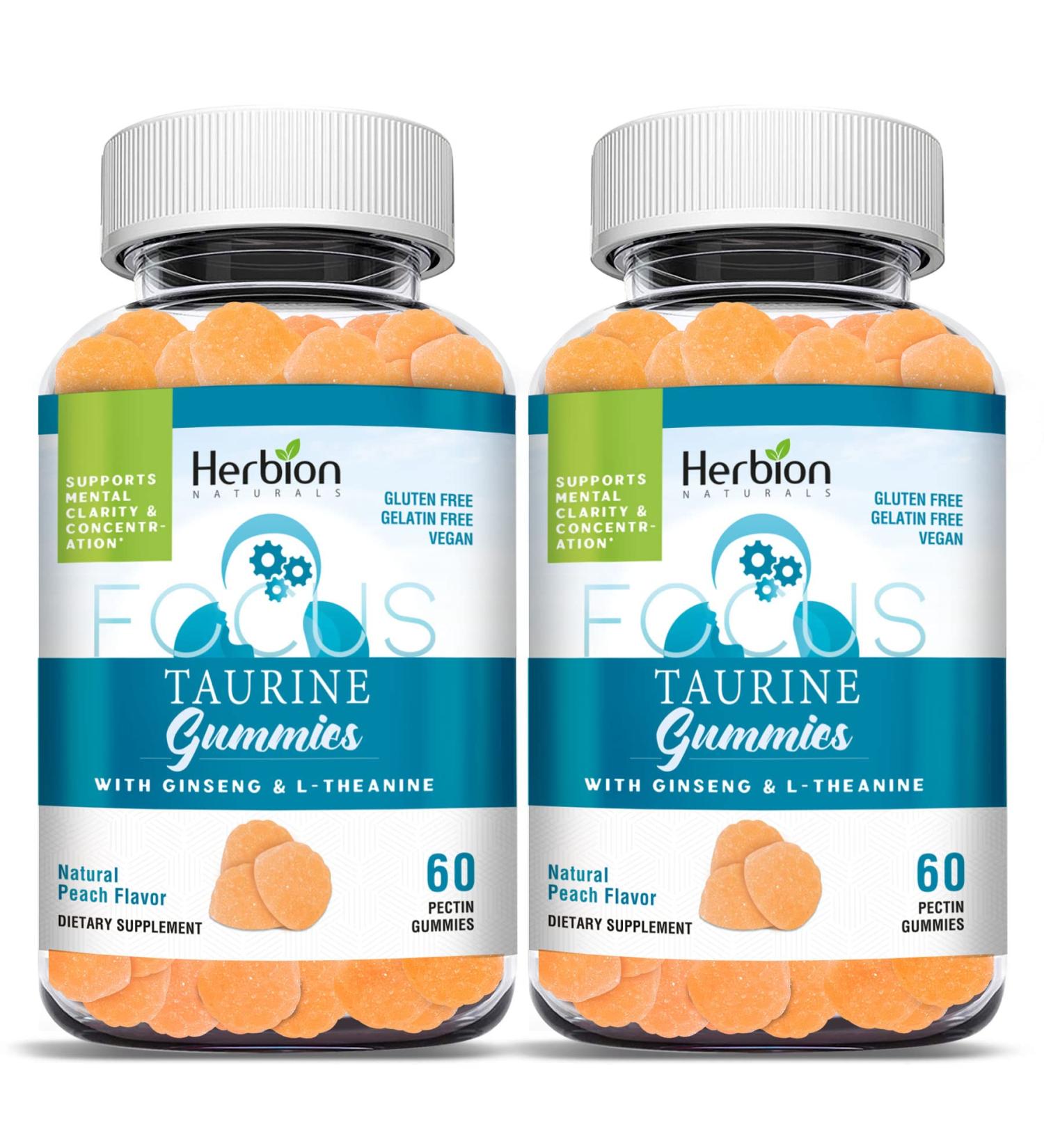 HERBION Naturals Taurine Gummies with Ginseng & L-Theanine B-Complex (B3 B6 B12) & Vitamin C Focus & Mental Clarity Support Peach-Flavoured Pectin Gummies 120 Count (Pack of 2) - Buy Online on GoSupps.com