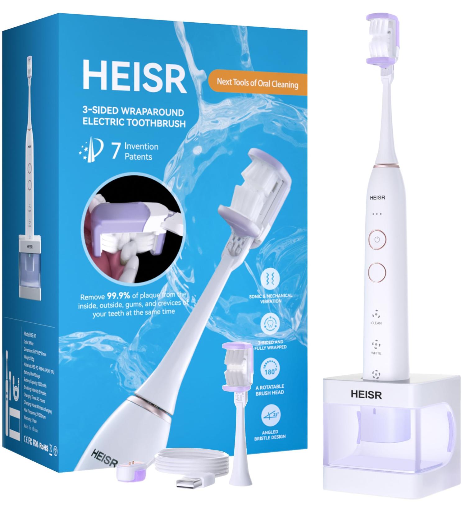3-Sided Wraparound Sonic Whitening Electric Toothbrush - 180 Rotatable Head 25 Angled Soft Bristles Rechargeable & 90-Day Battery Life - Buy Online on GoSupps.com
