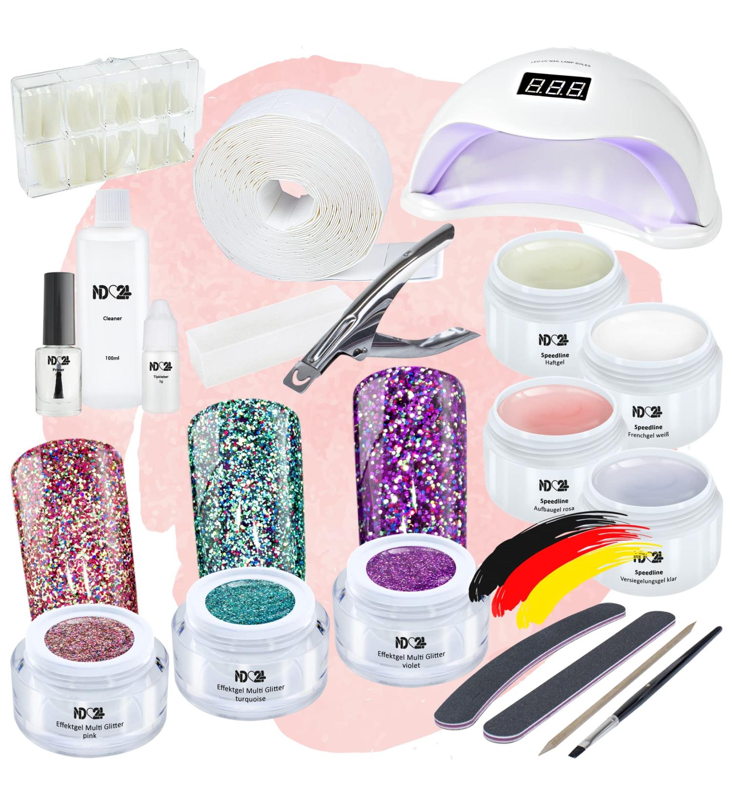 ND24 Naildesign Geln gel Starter Set Premium | Complete Gel Nail Kit with LED Lamp French & Pick-Up Gels Accessories & Funky Glitter - Made in Germany - Buy Online on GoSupps.com
